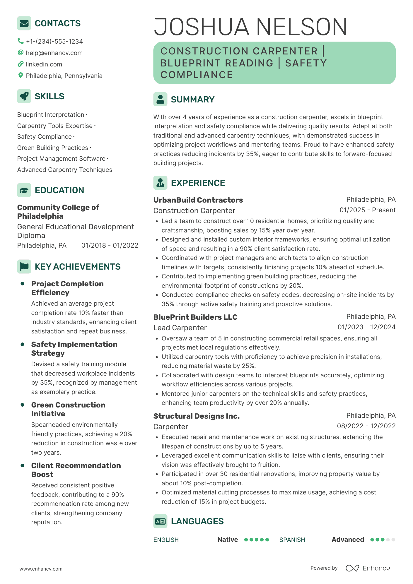 A resume example of a Construction Carpenter