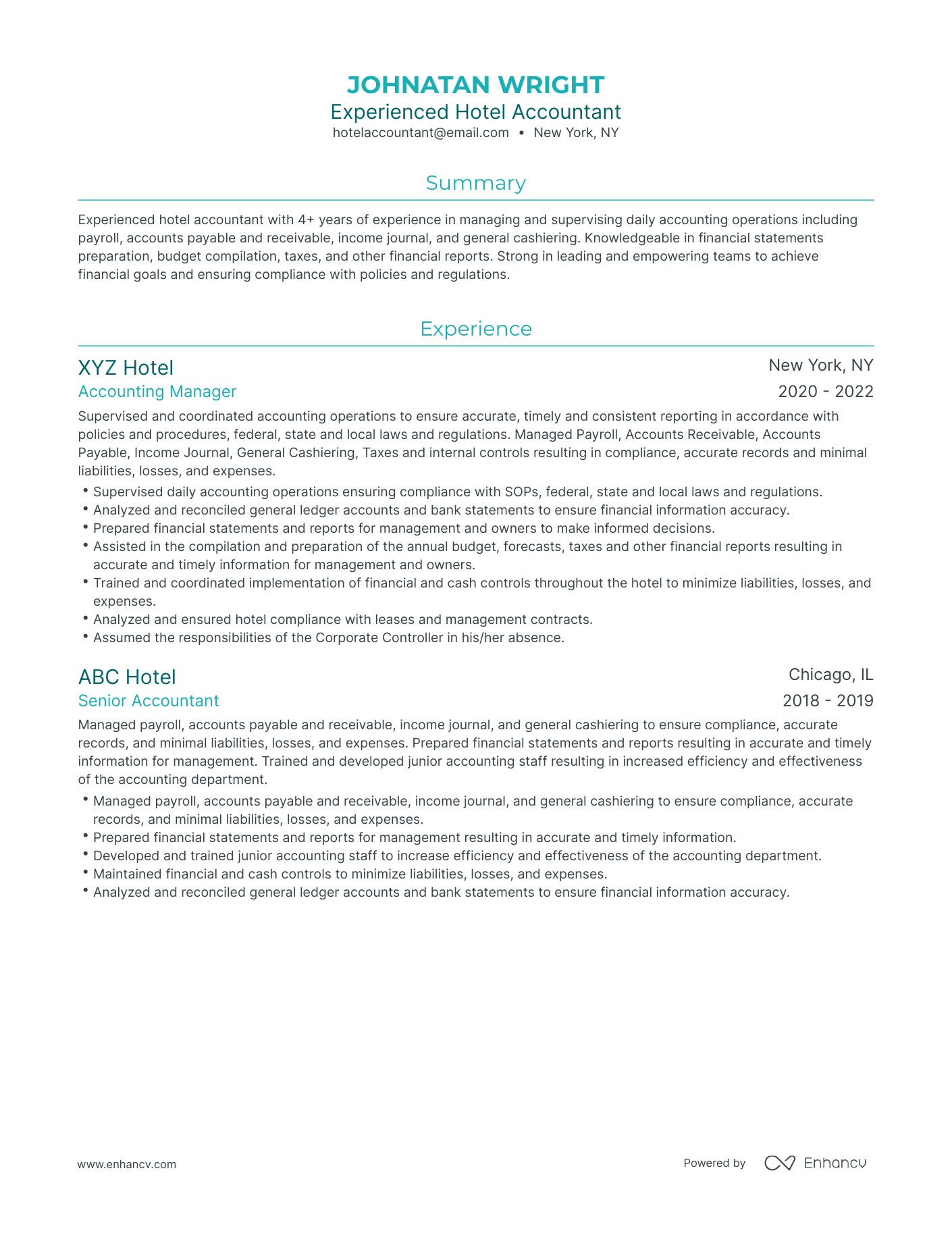 Traditional Hotel Accounting Resume Template