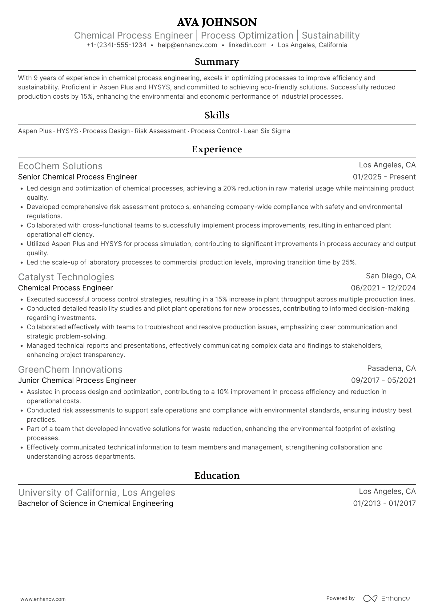 A resume example of a Chemical Process Engineer