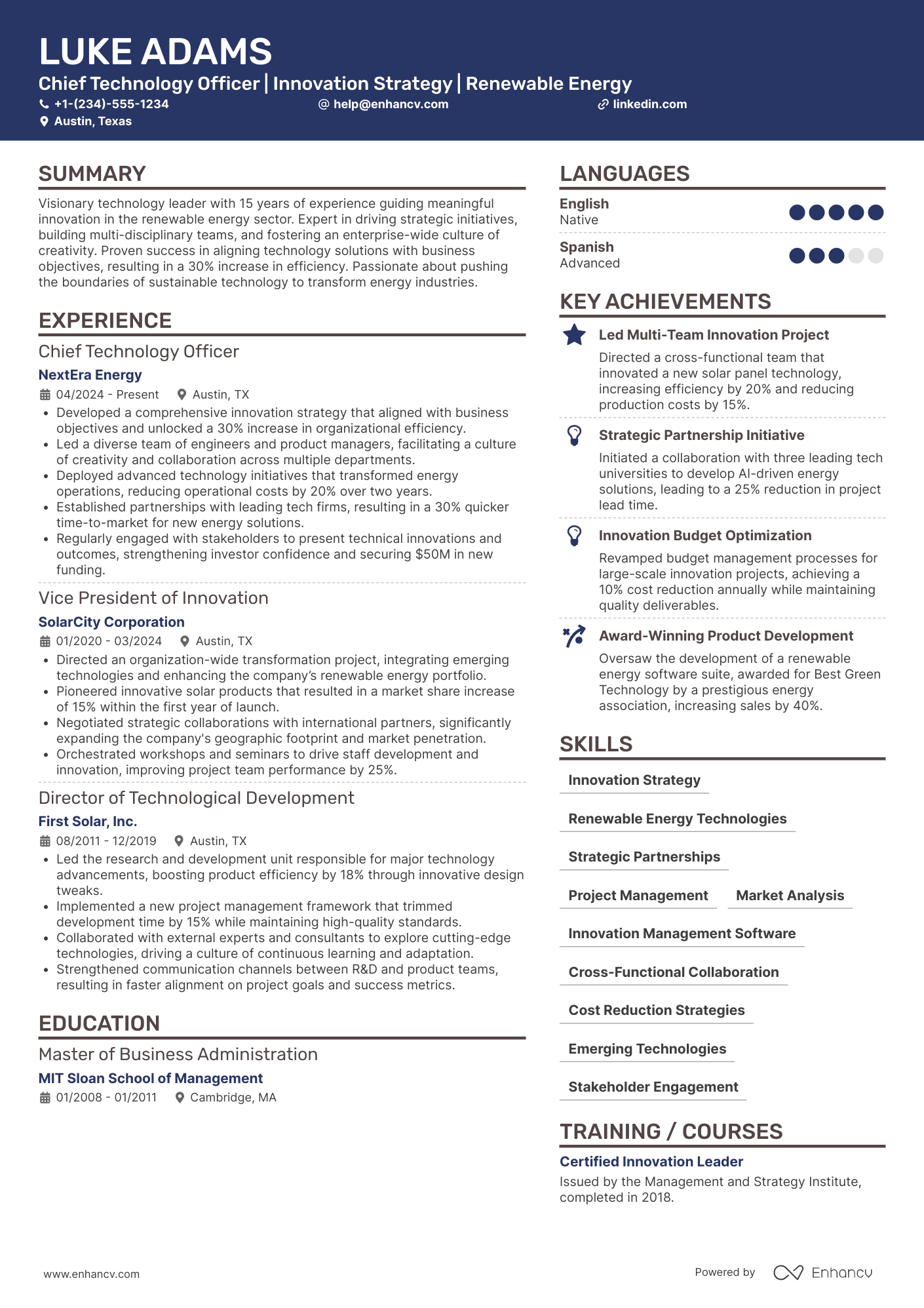 A resume example of a Chief Innovation Officer