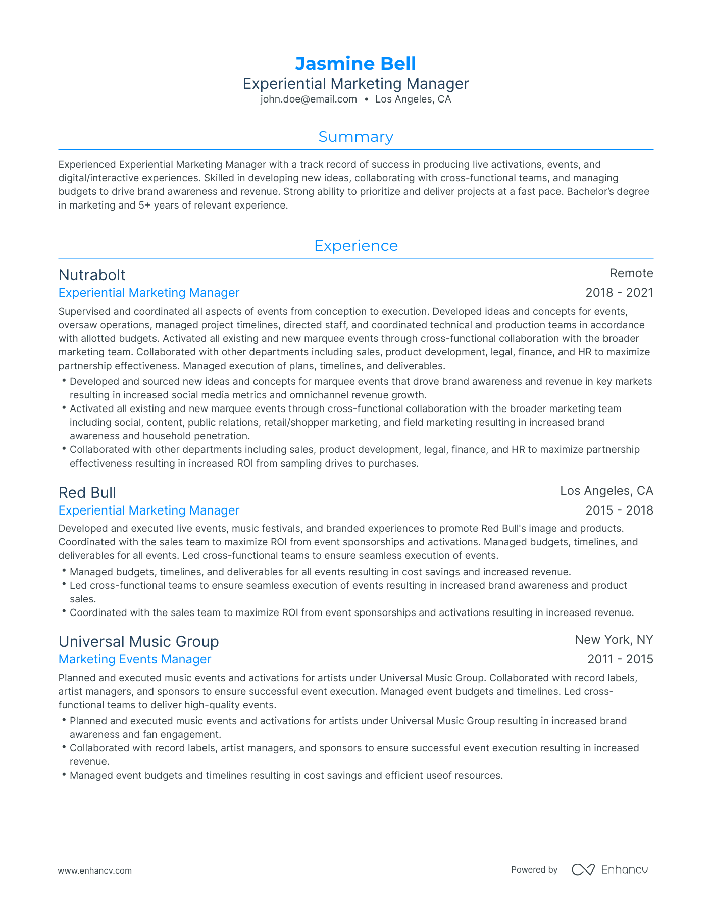 Traditional Experiential Marketing Resume Template