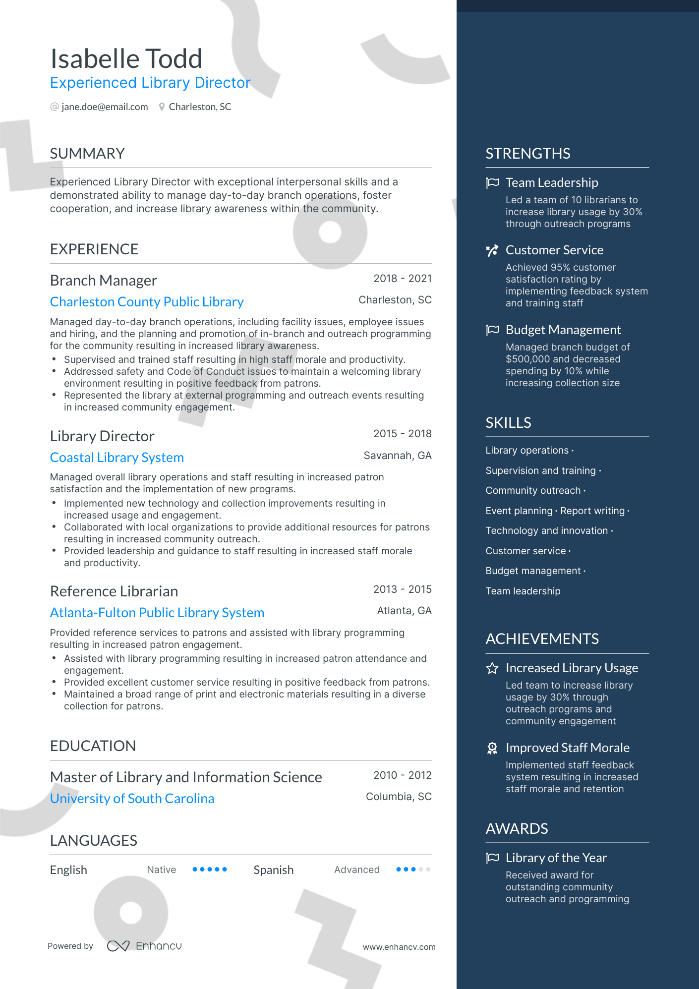 One Page Library Director Resume Template