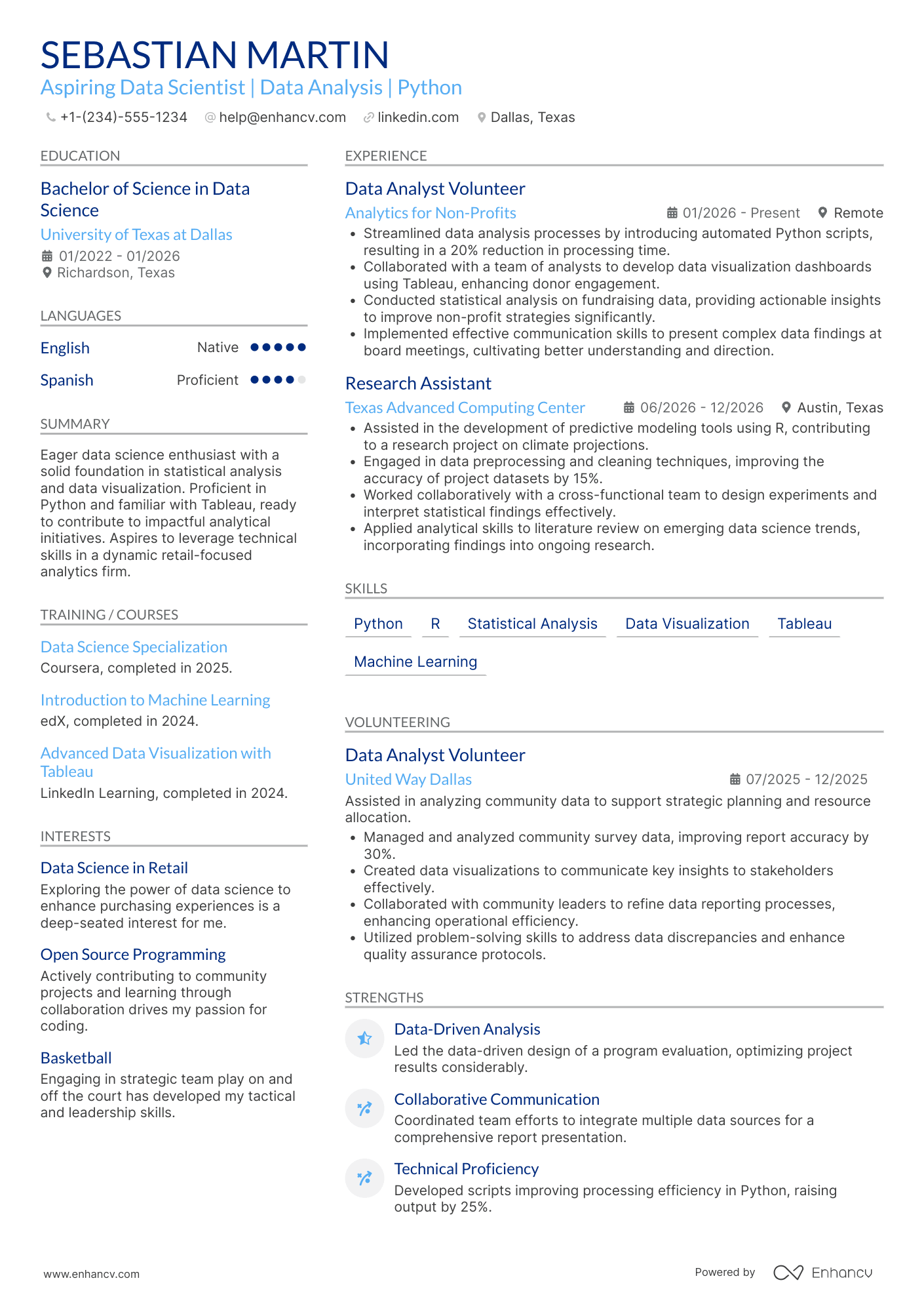 A resume example of a Data Science Intern