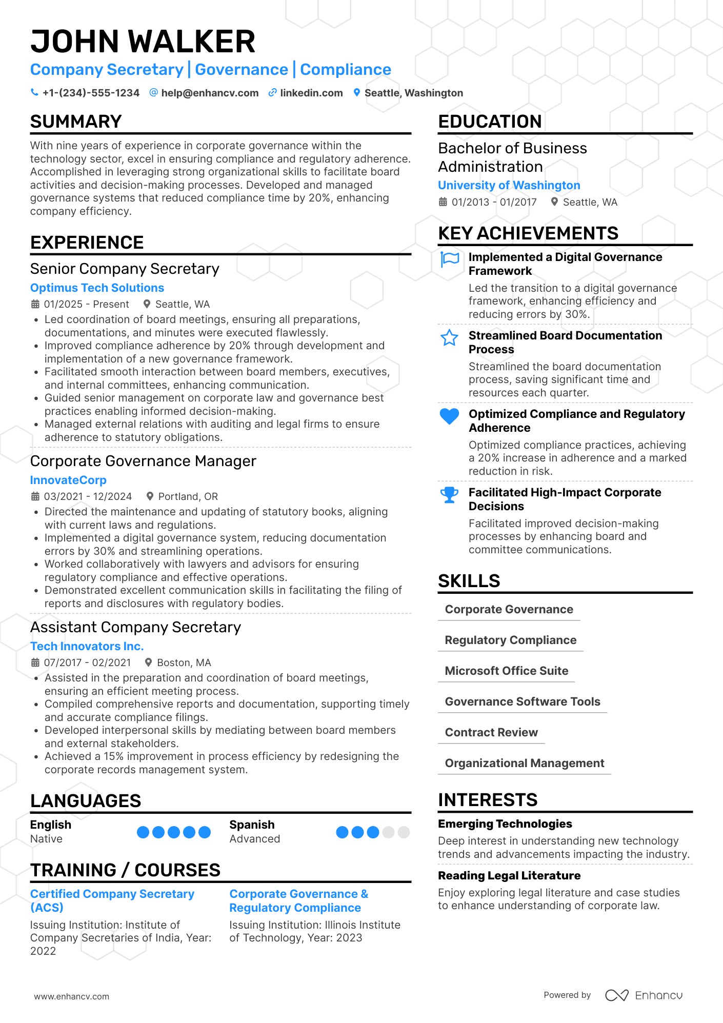 A resume example of a Company Secretary