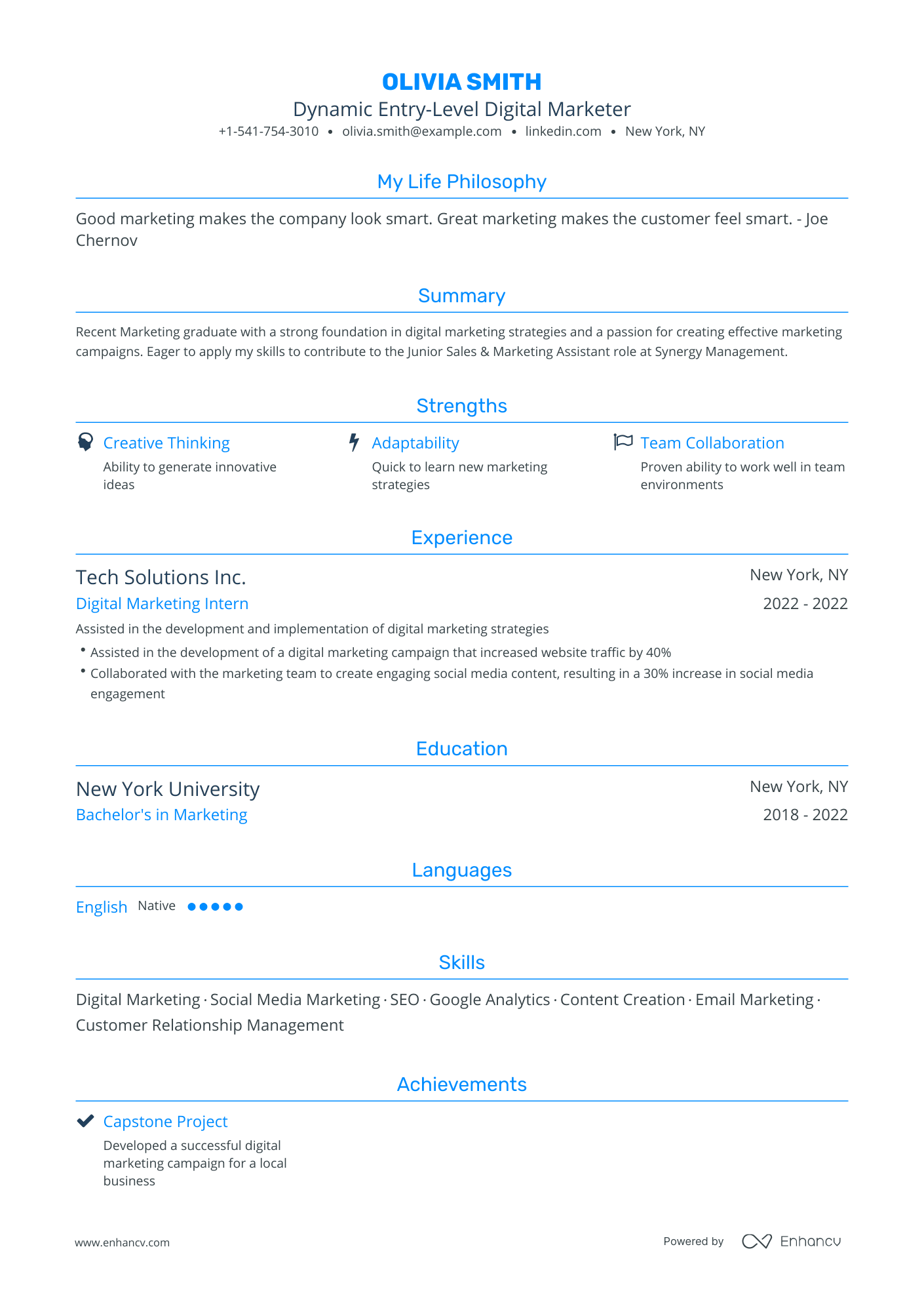 Traditional Entry Level Digital Marketing Resume Template