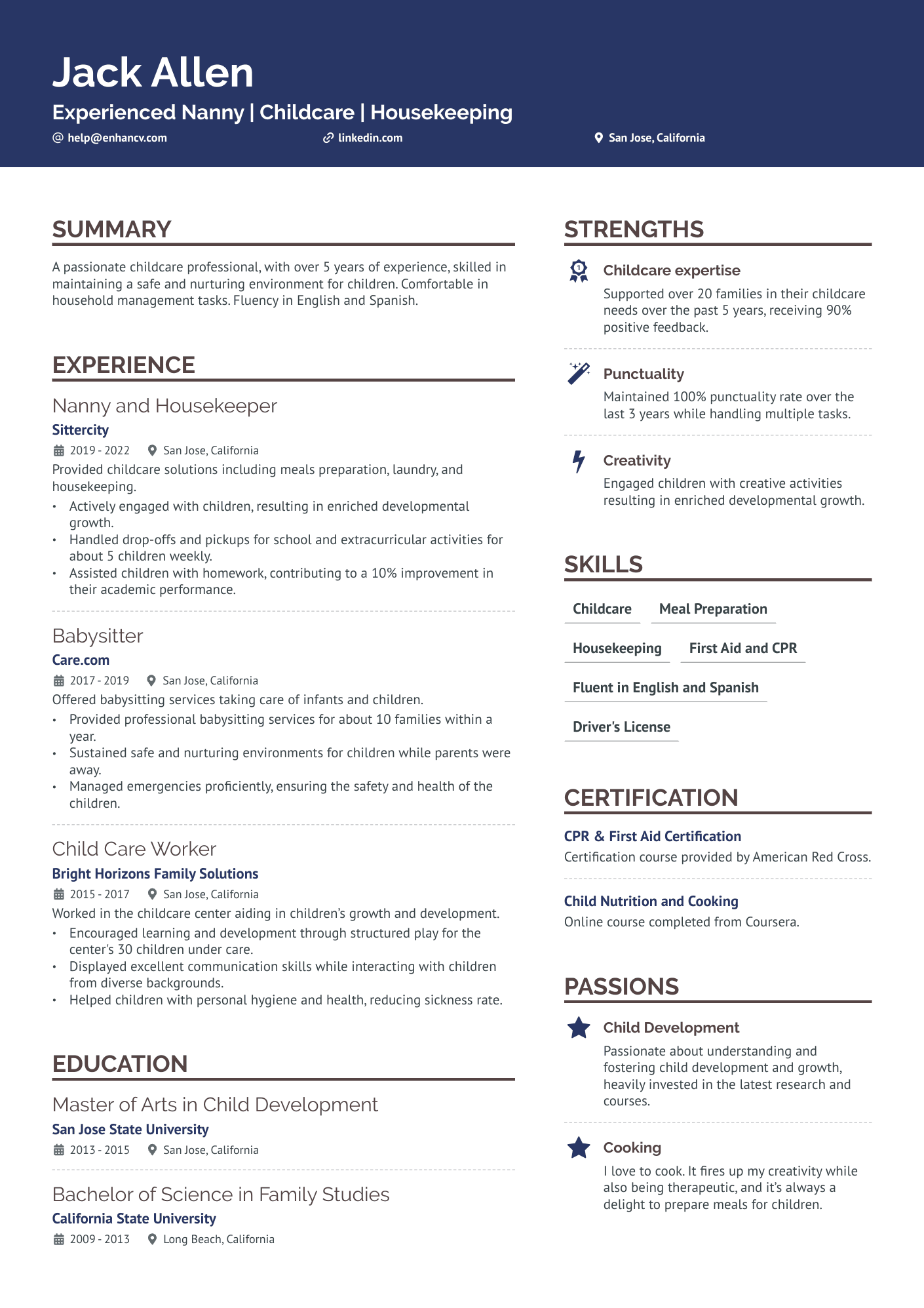 resume template for nanny position
