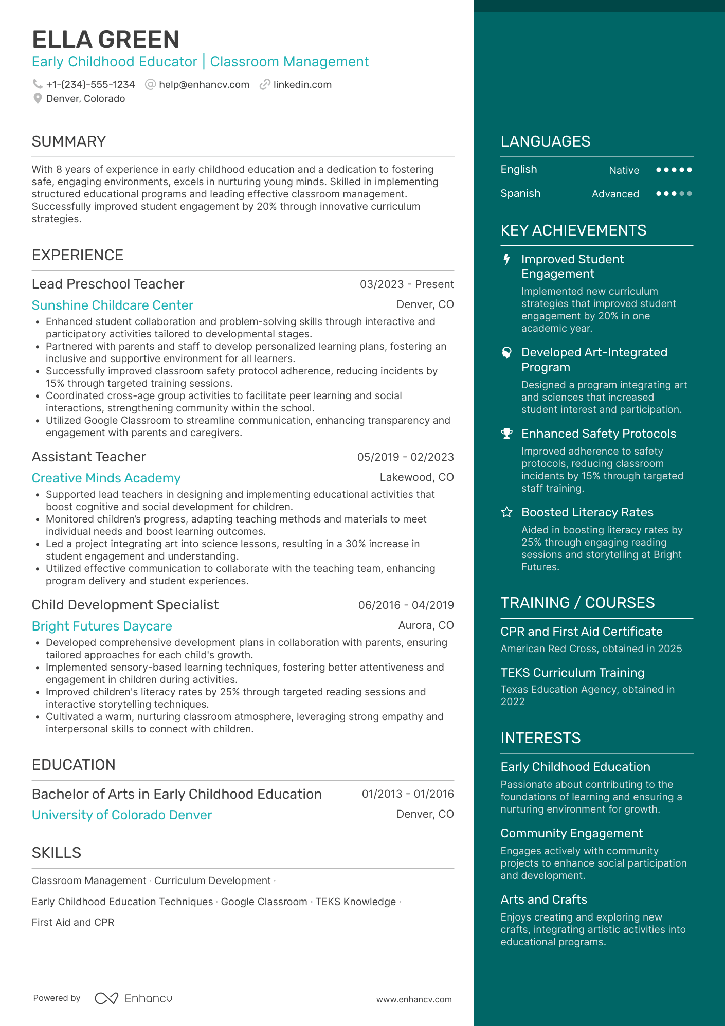 A resume example of a Kindergarten Teacher Assistant