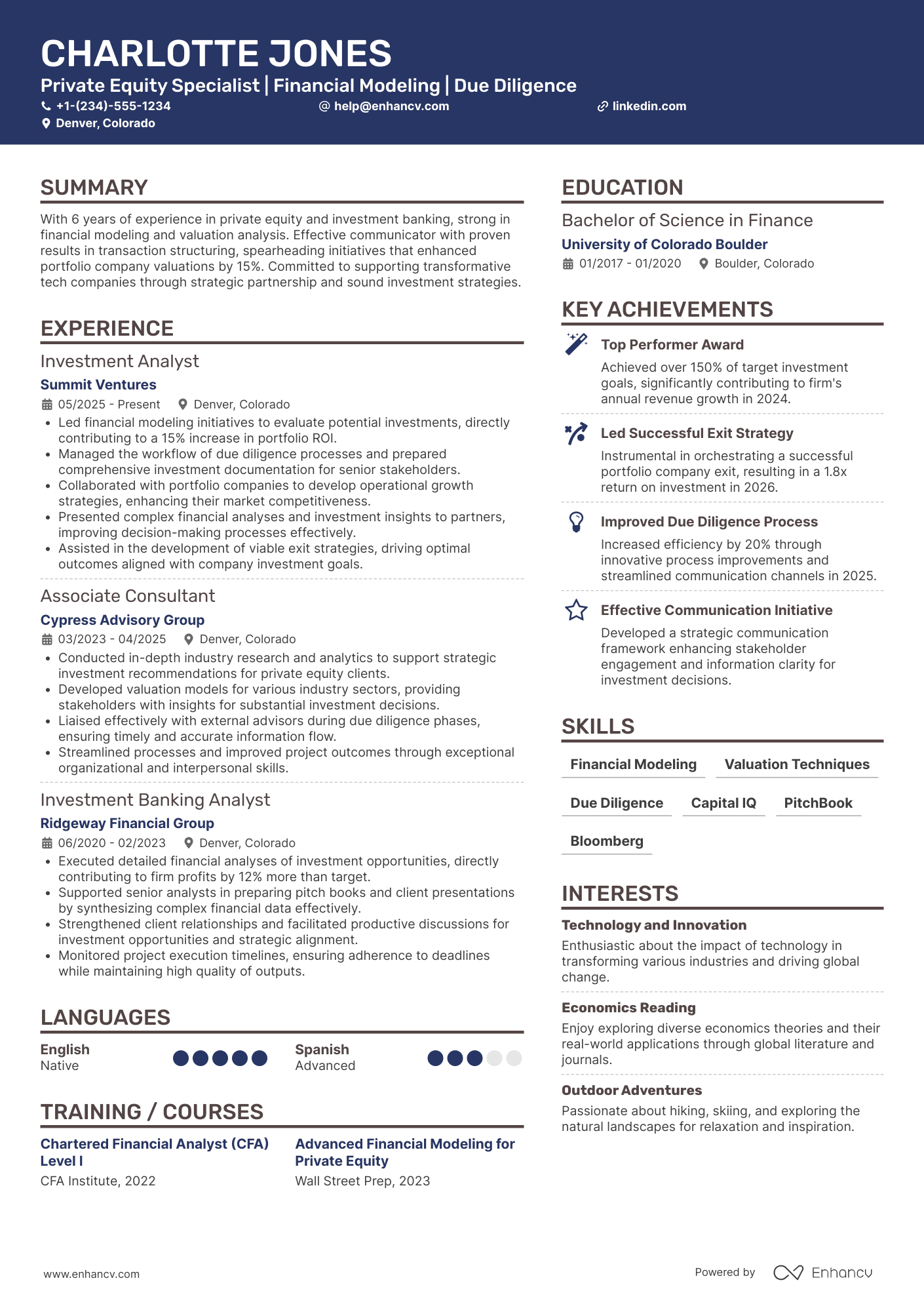 A resume example of a Private Equity