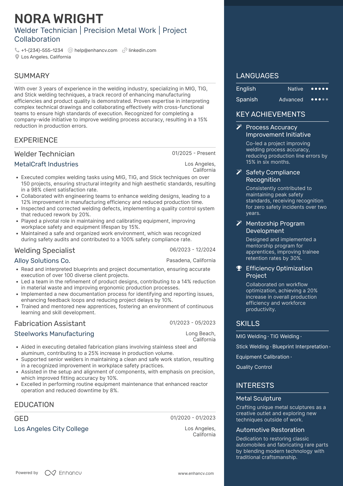 A resume example of a Welder Technician