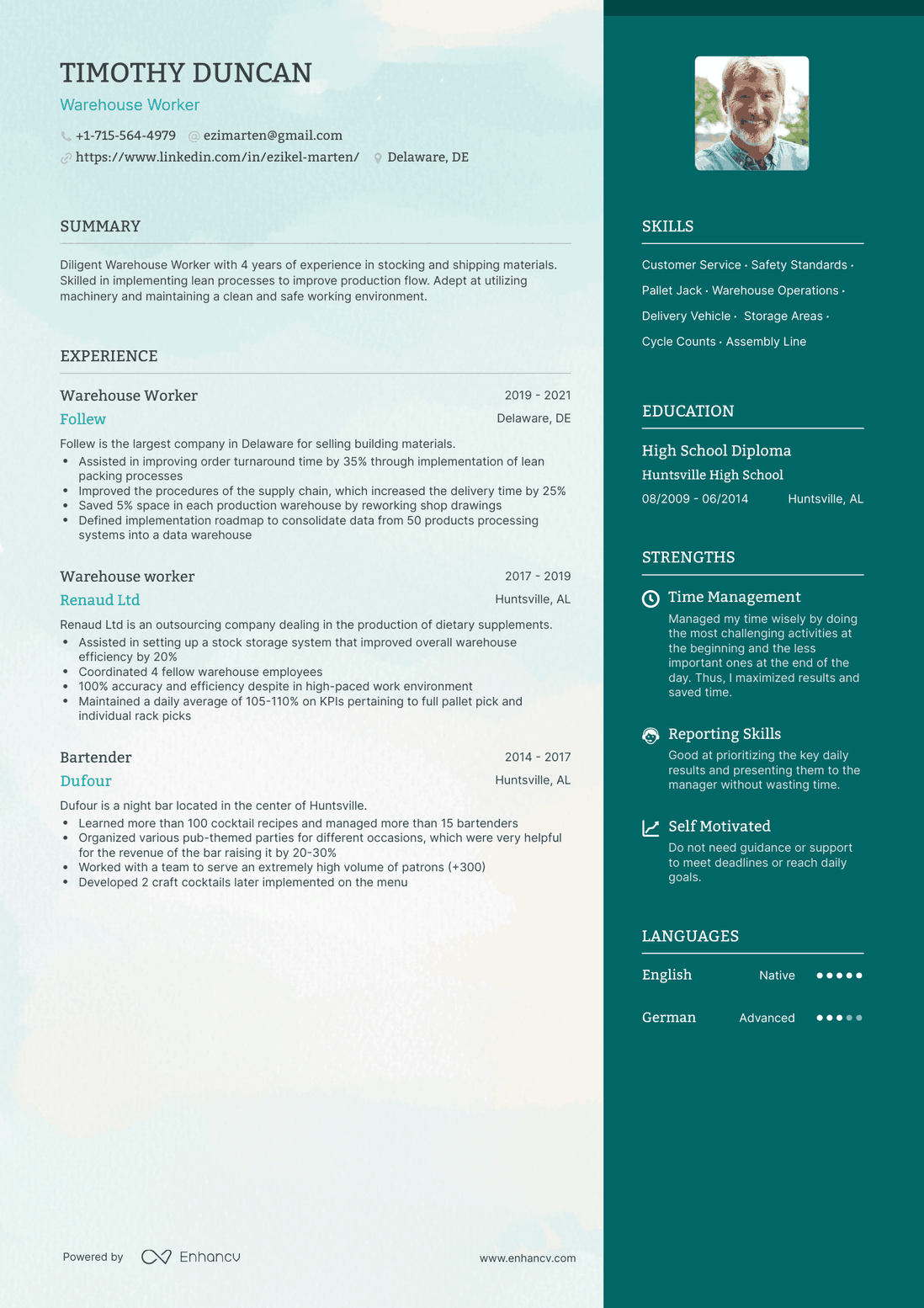 One Page Warehouse Worker Resume Template
