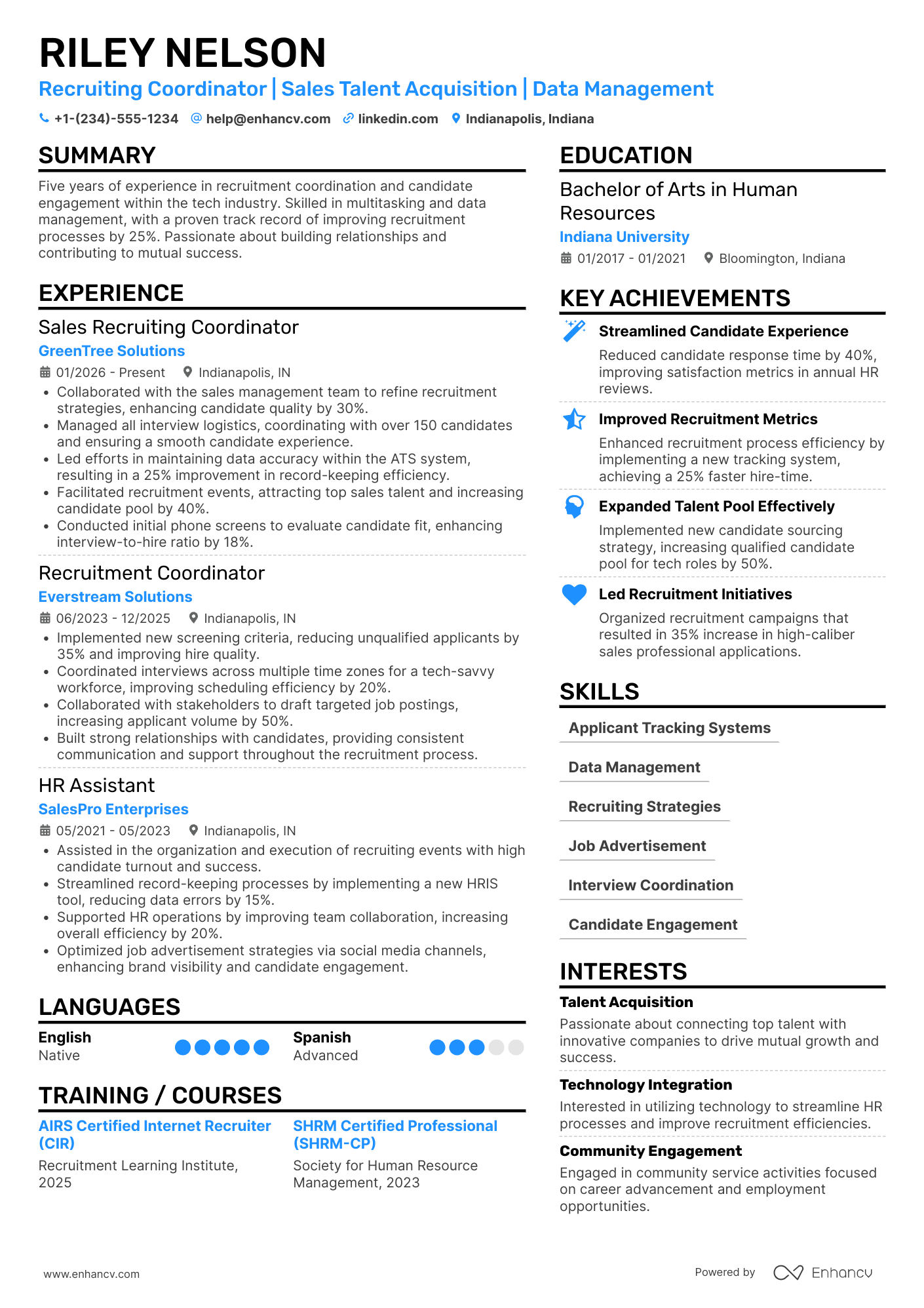 A resume example of a Sales Recruiting Coordinator