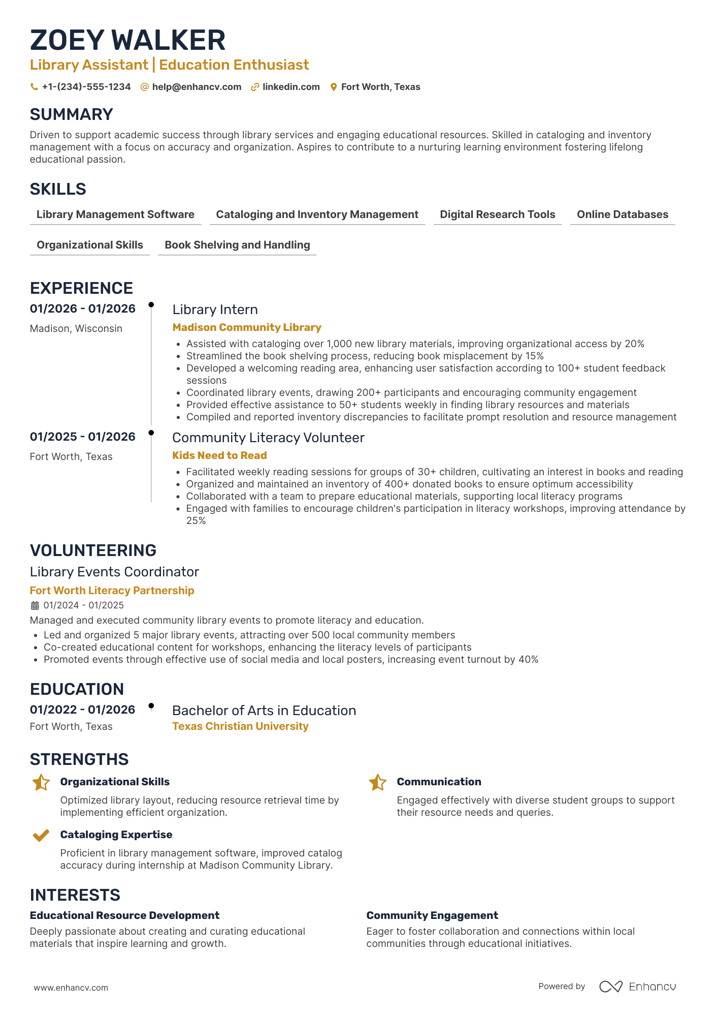 A resume example of a High School Student Library Assistant