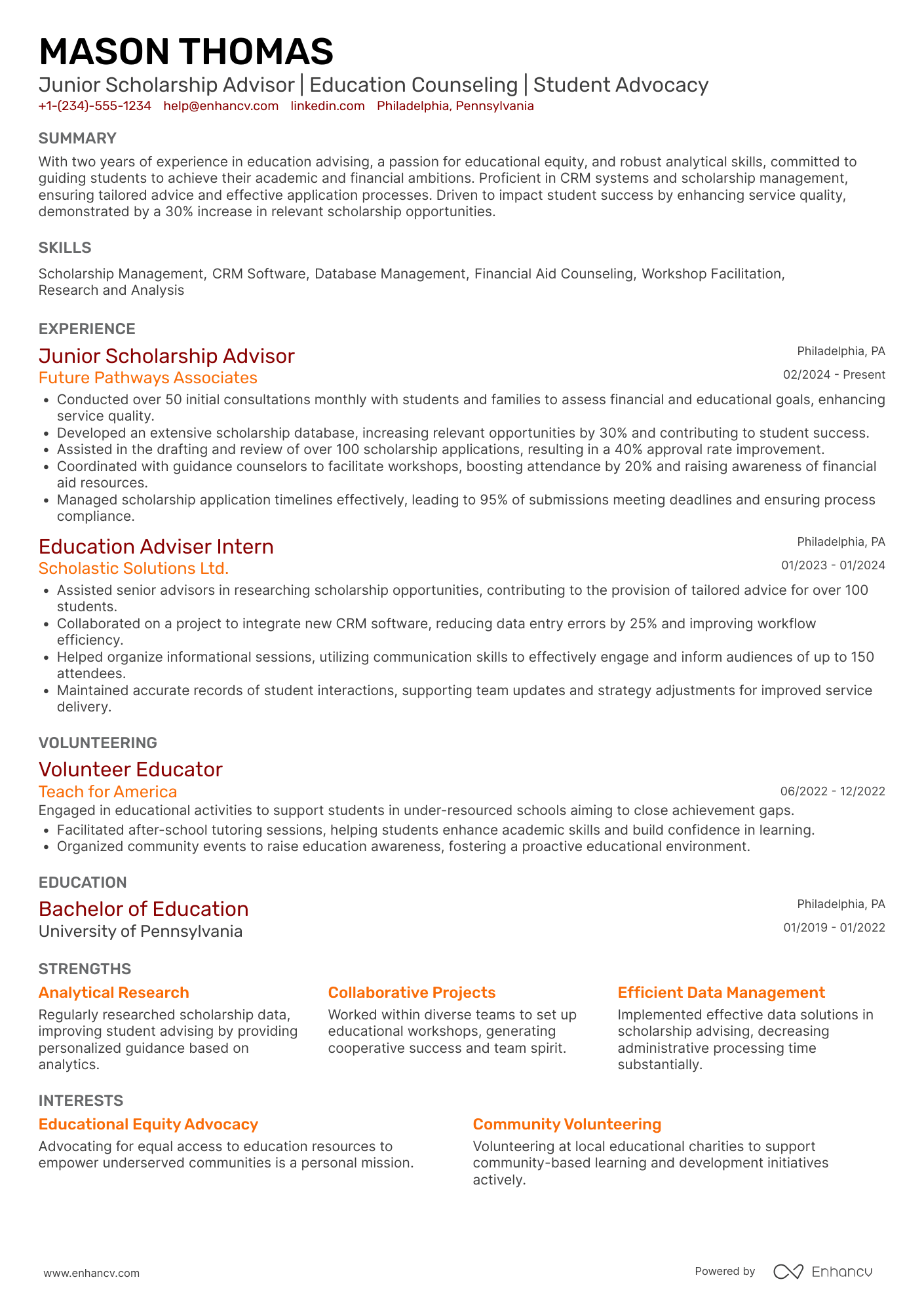 A resume example of a Junior Scholarship Advisor