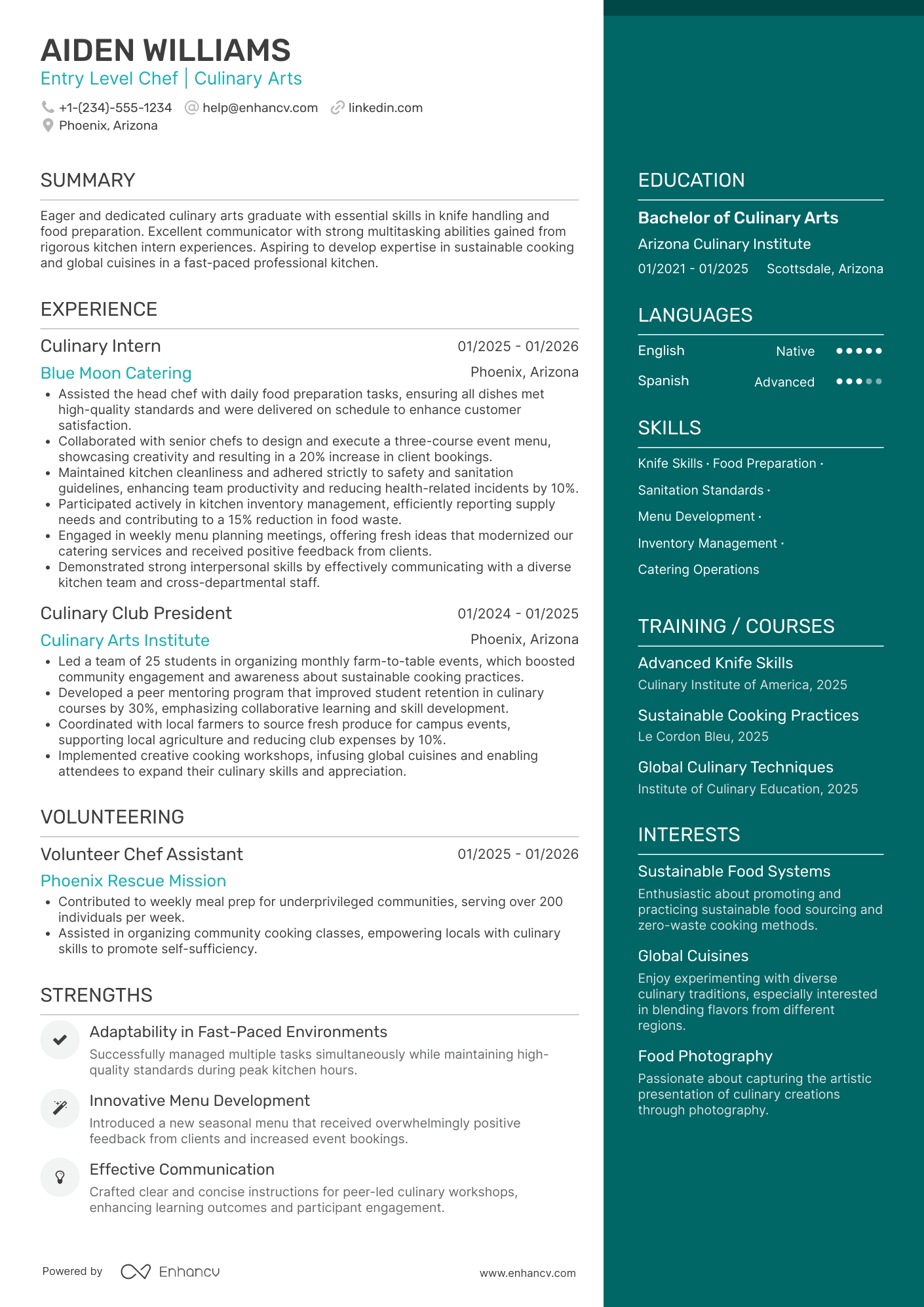 A resume example of a Entry Level Chef