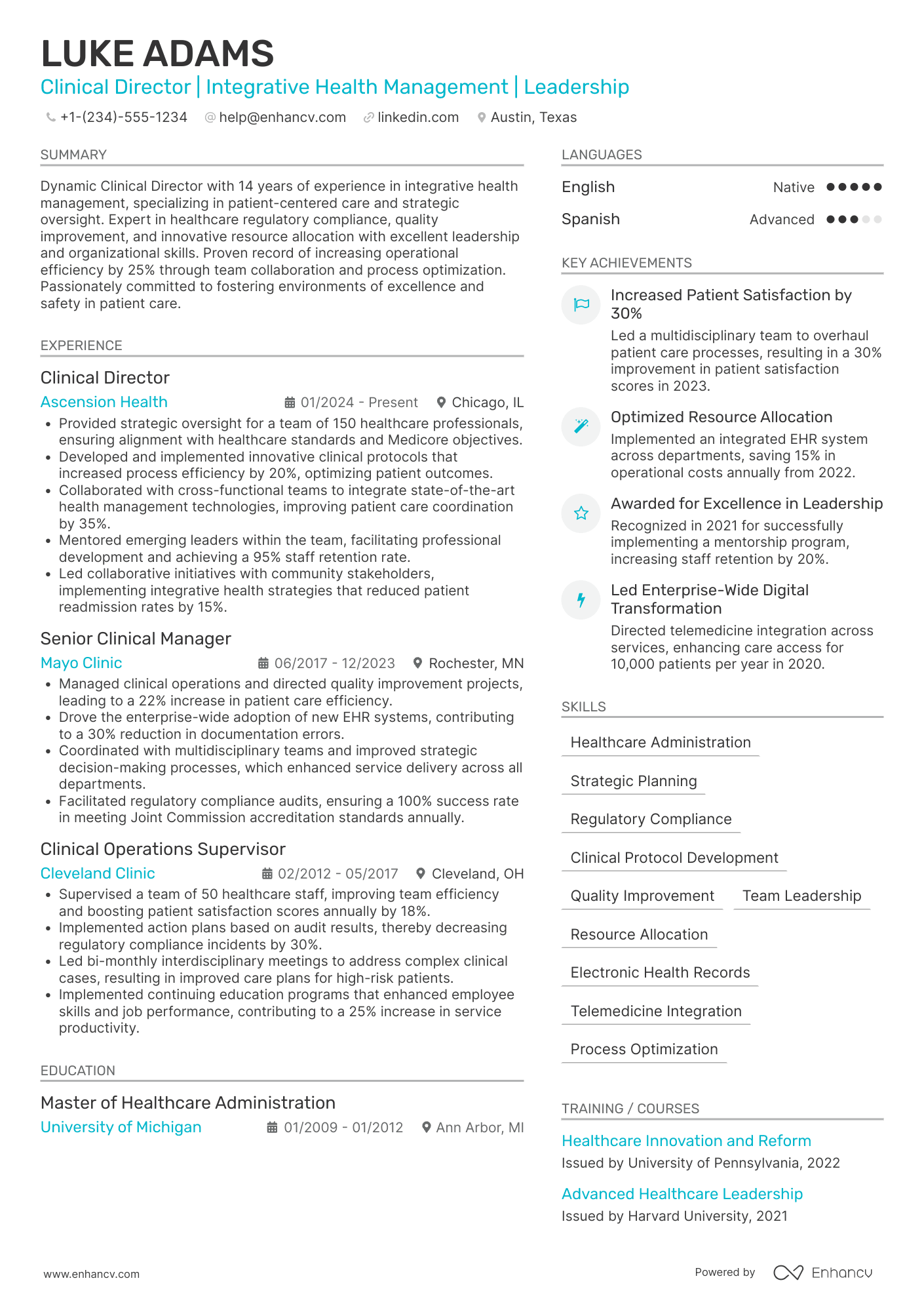 A resume example of a Clinical Director
