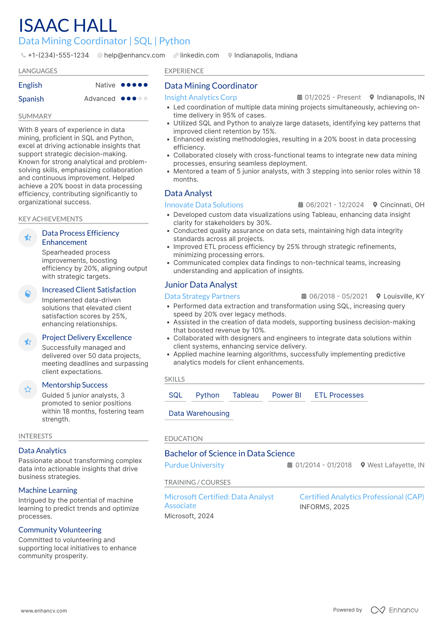A resume example of a Mid Level Data Mining Coordinator