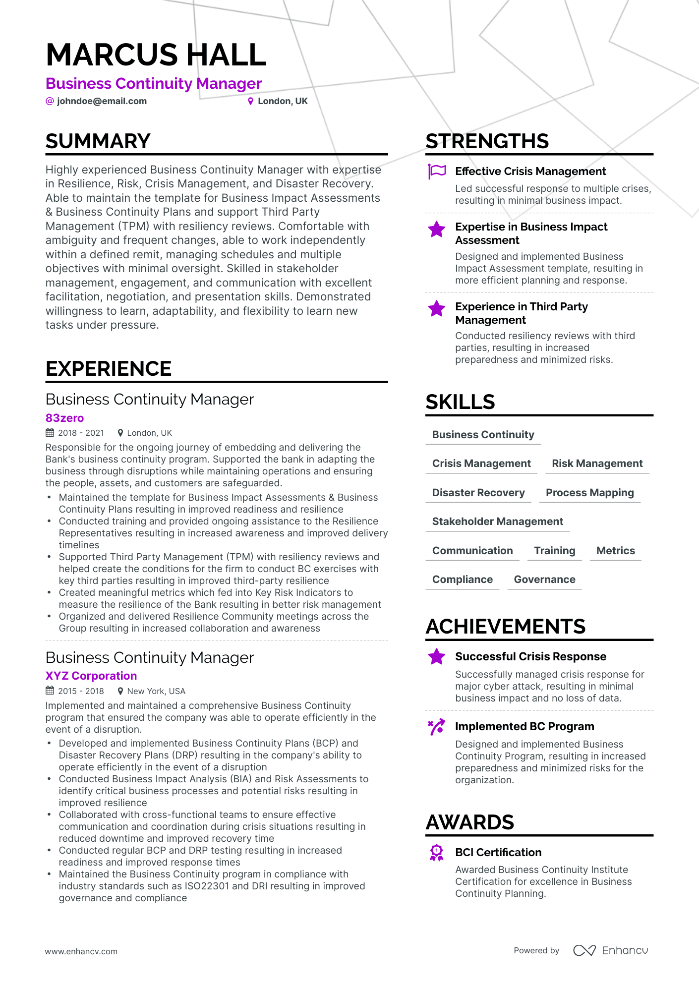 Simple Business Continuity Manager Resume Template