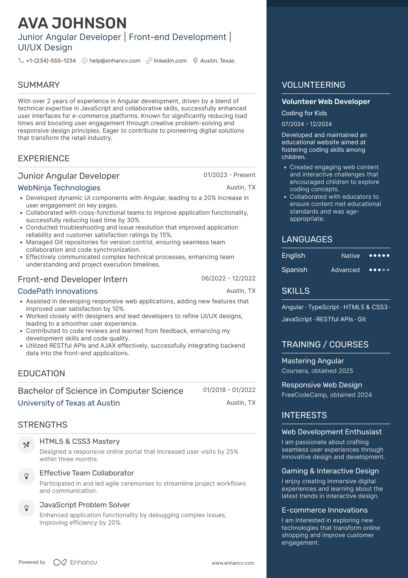 A resume example of a Junior Angular Developer