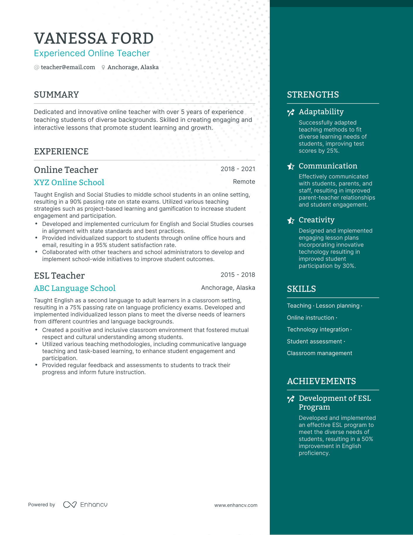 One Page Online Teacher Resume Template