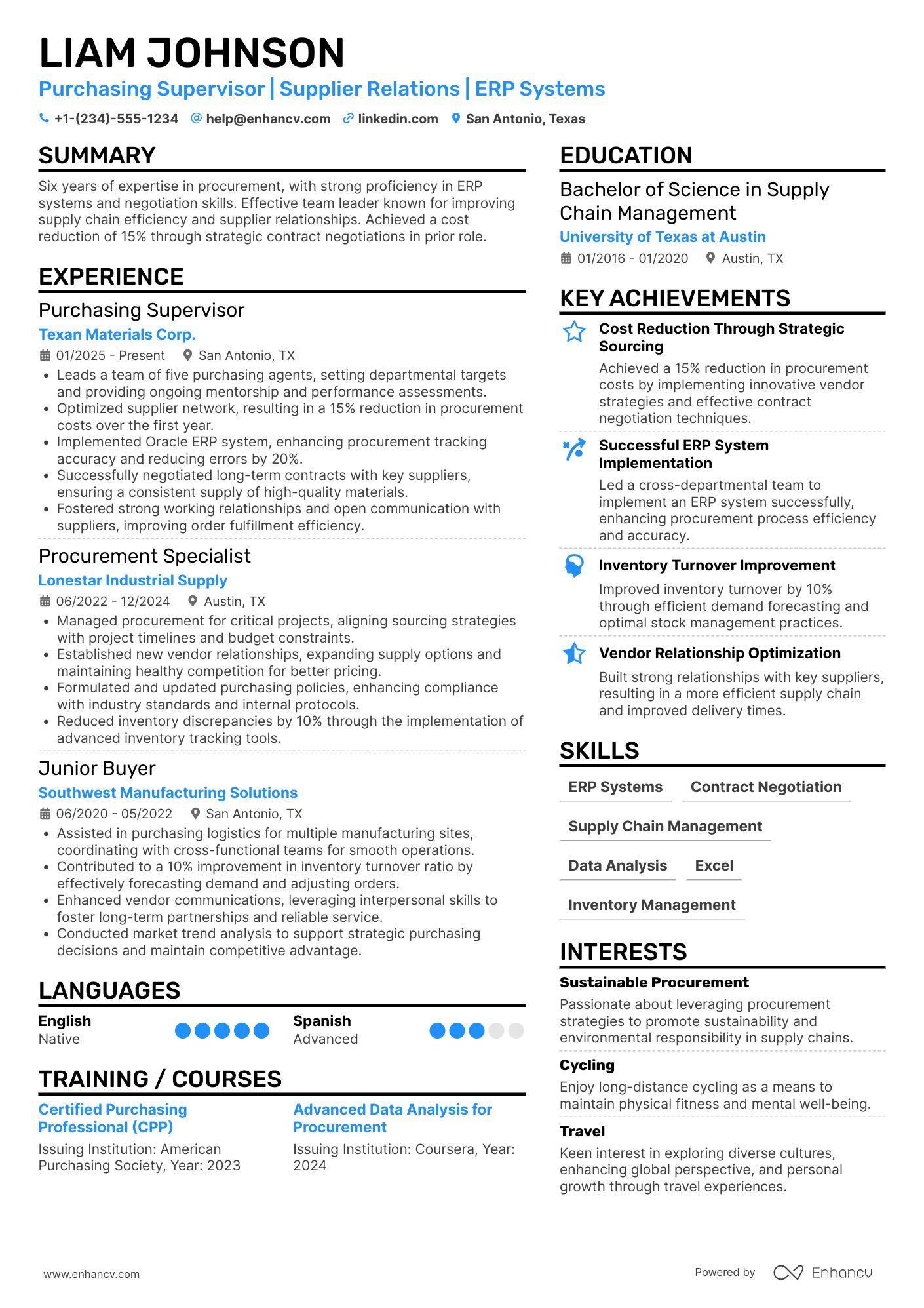 A resume example of a Purchasing Supervisor