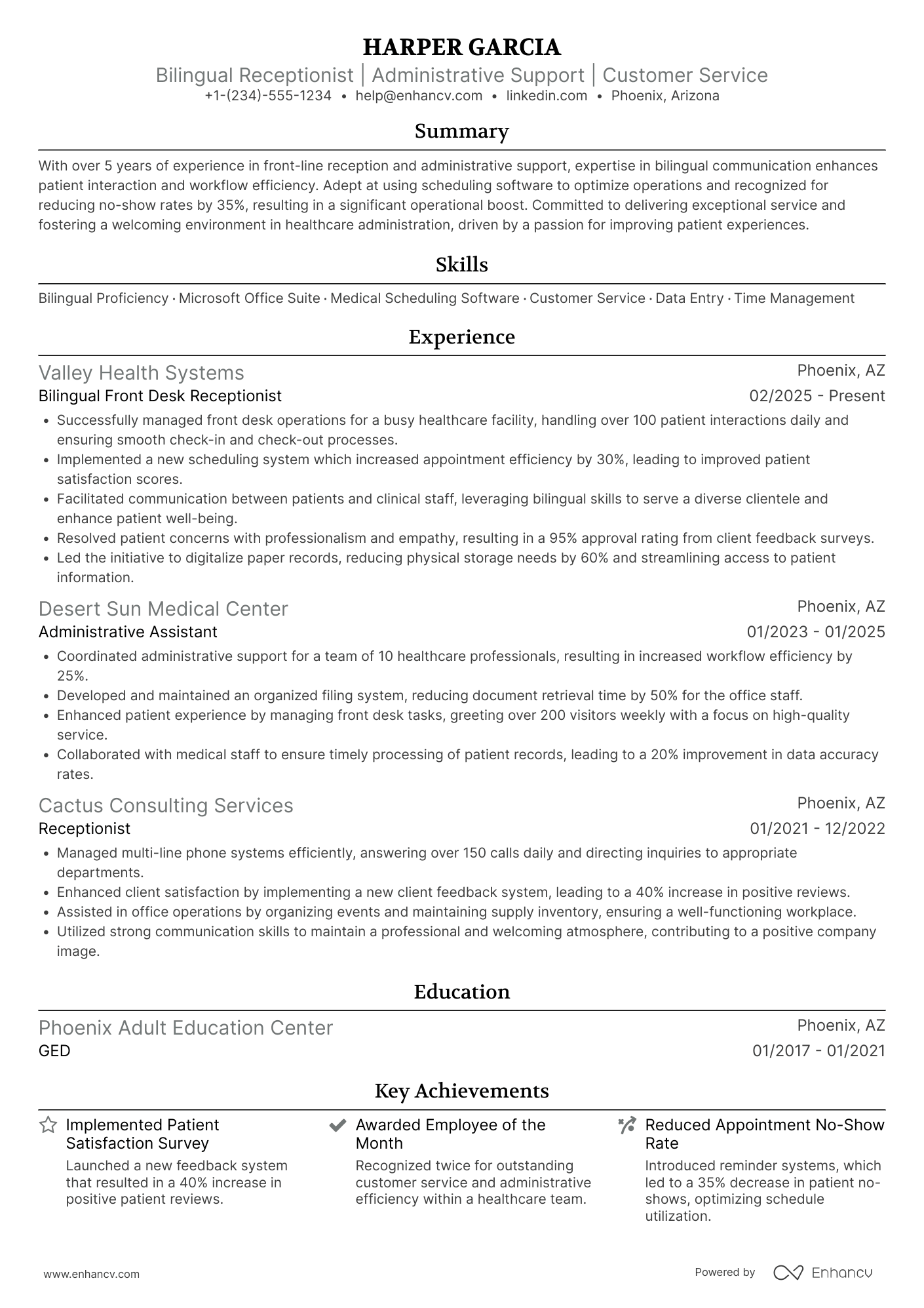 A resume example of a Bilingual Front Desk Receptionist