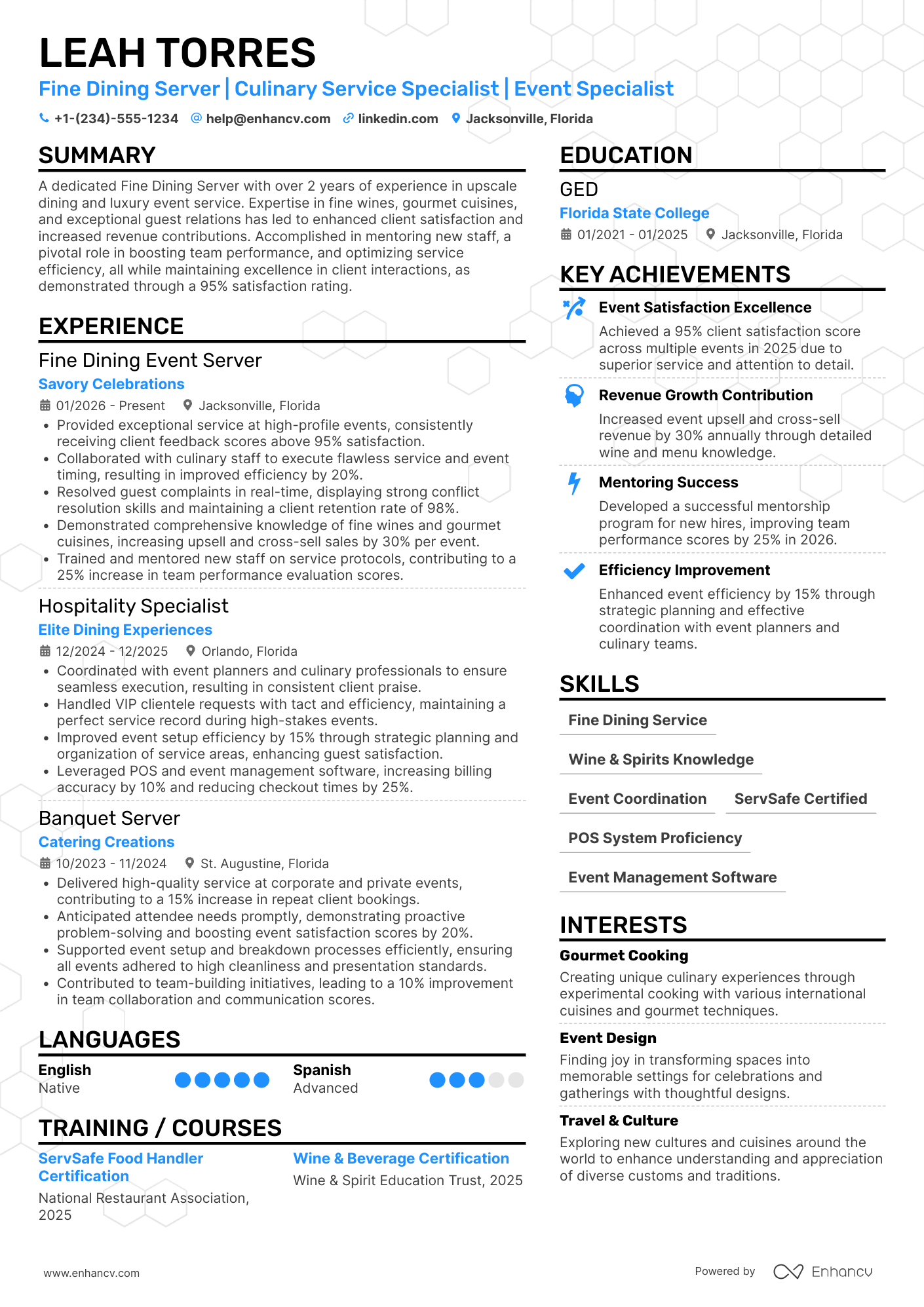 A resume example of a Fine Dining Event Server