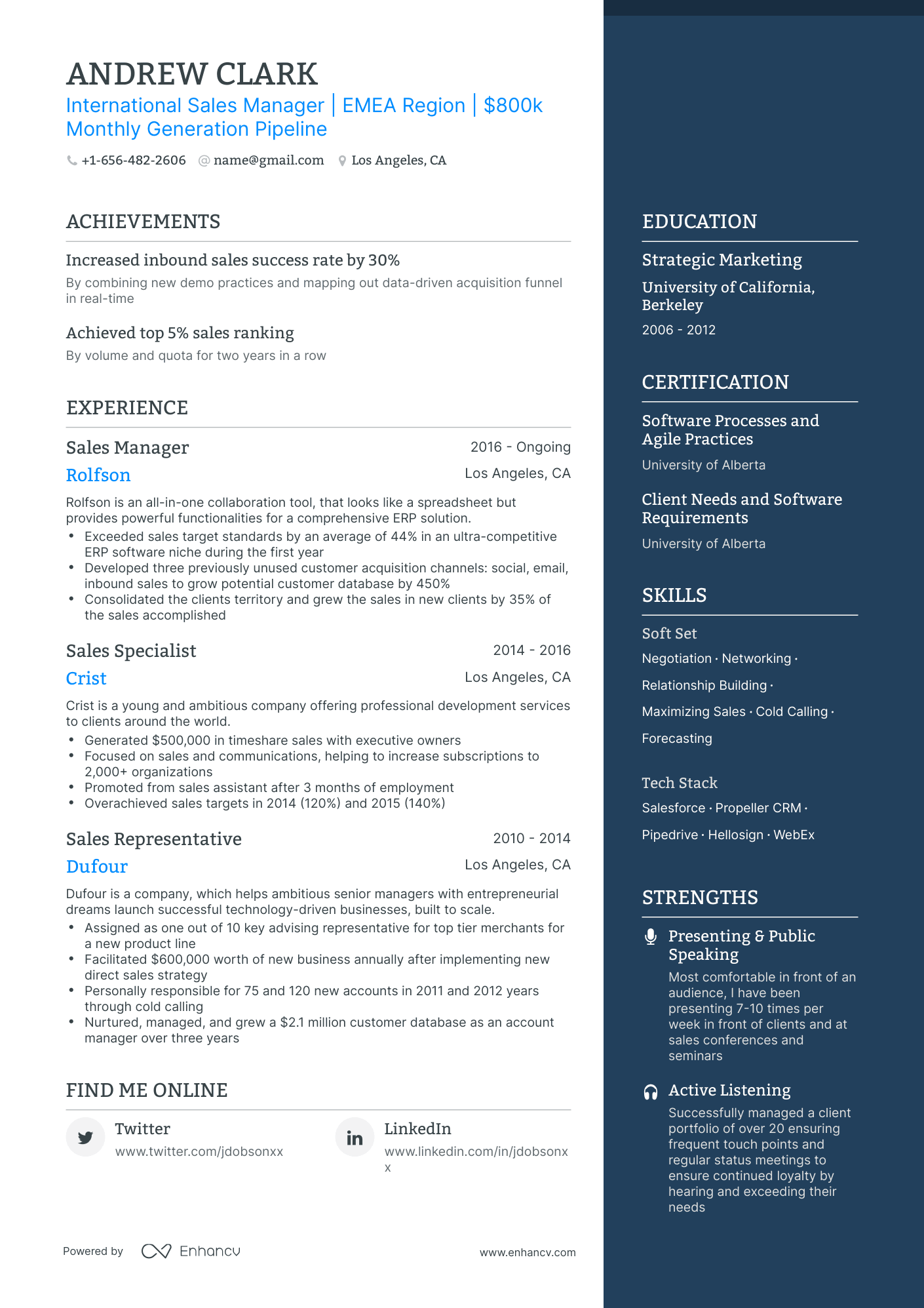 One Page Sales Manager Resume Template