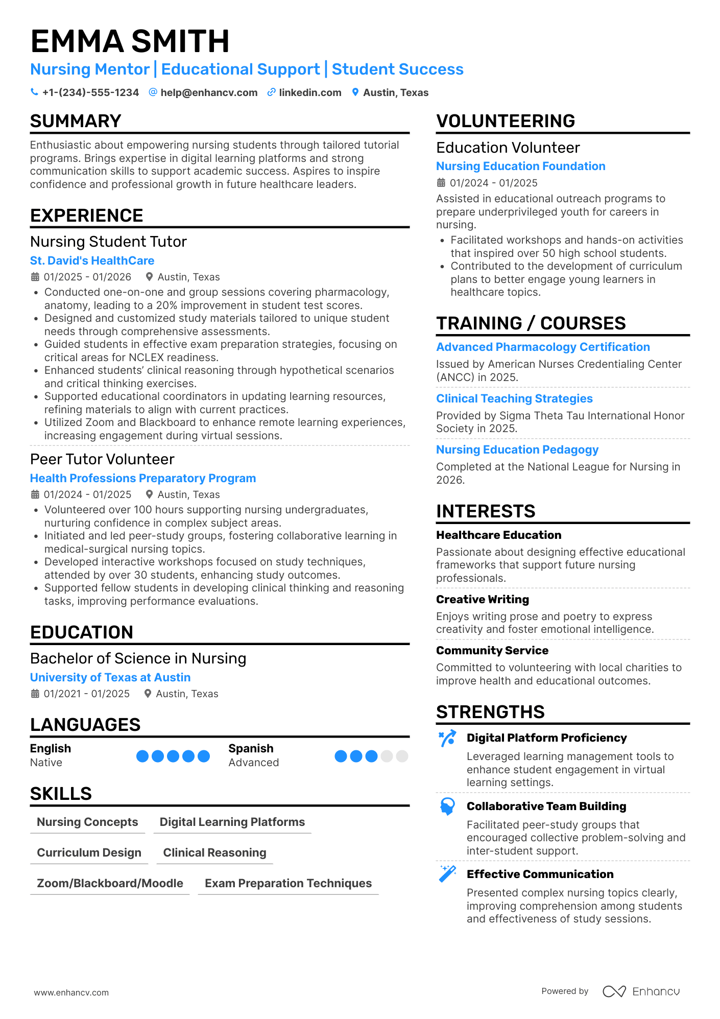 A resume example of a Nursing Student Tutor