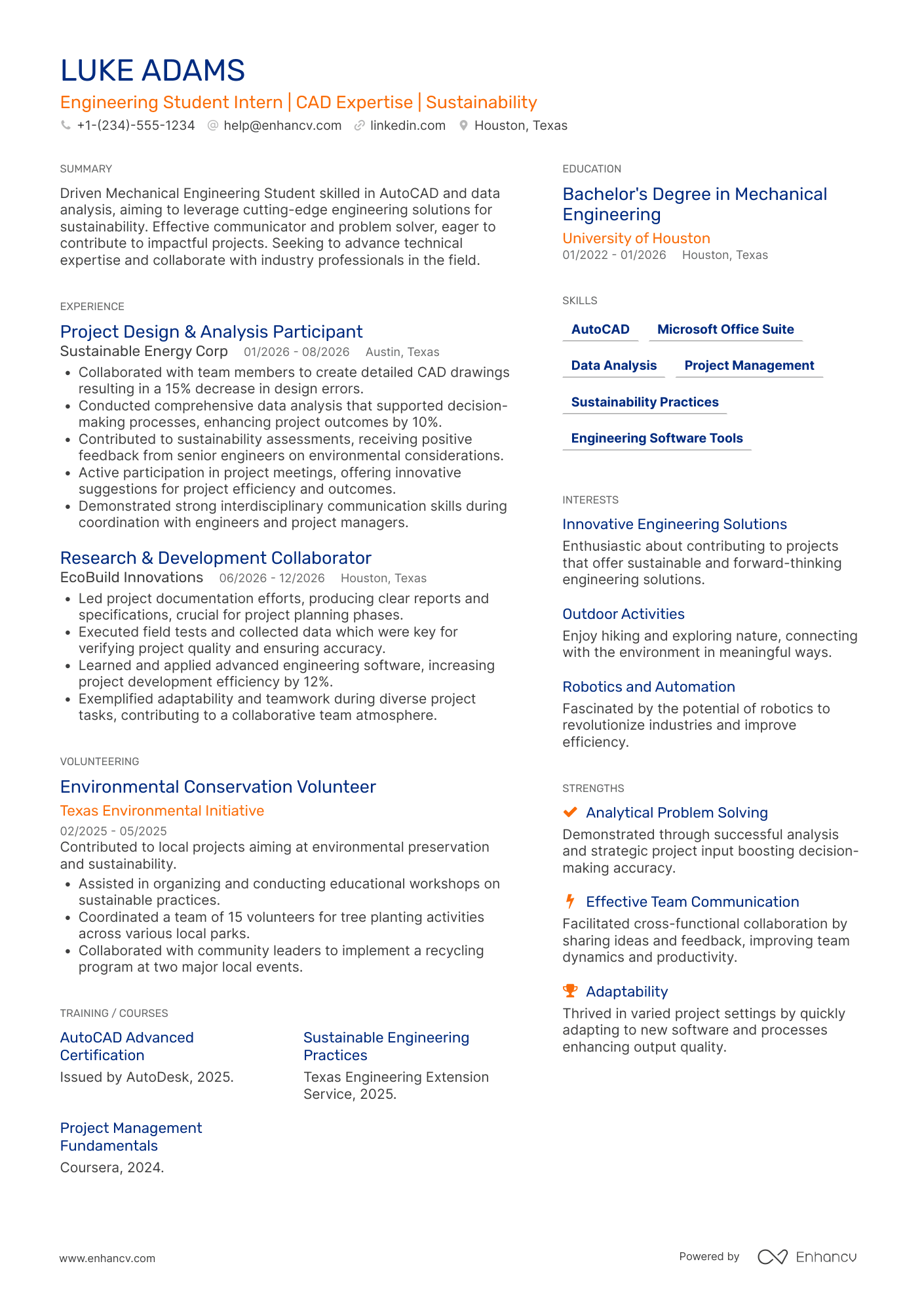 A resume example of a Full time Engineering Student Intern