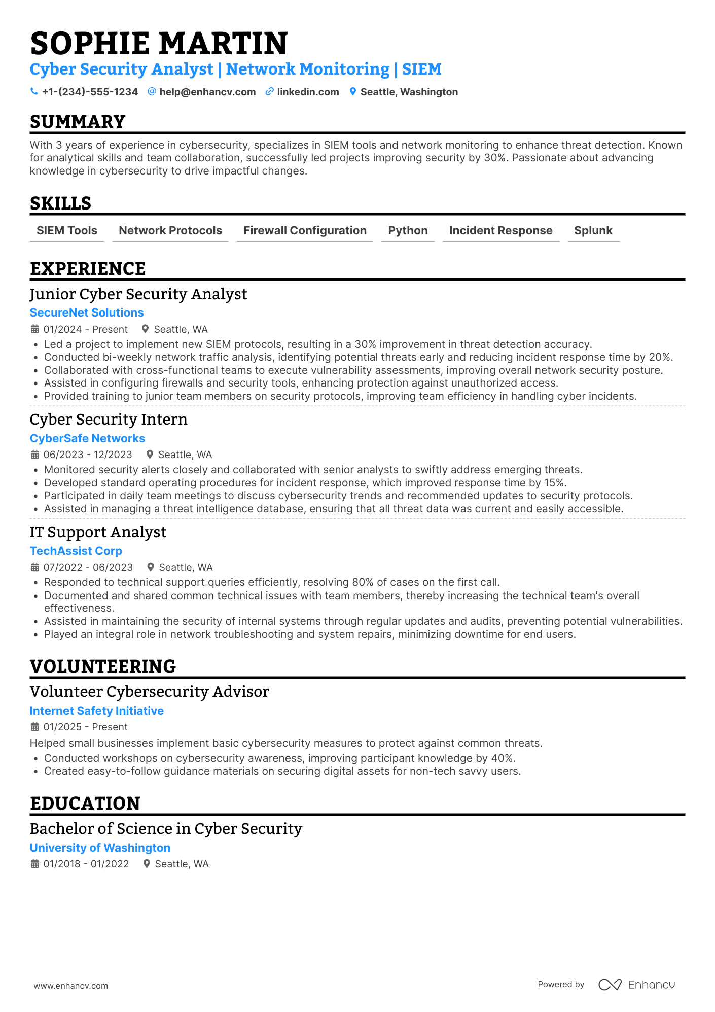 A resume example of a Junior Cyber Security Analyst