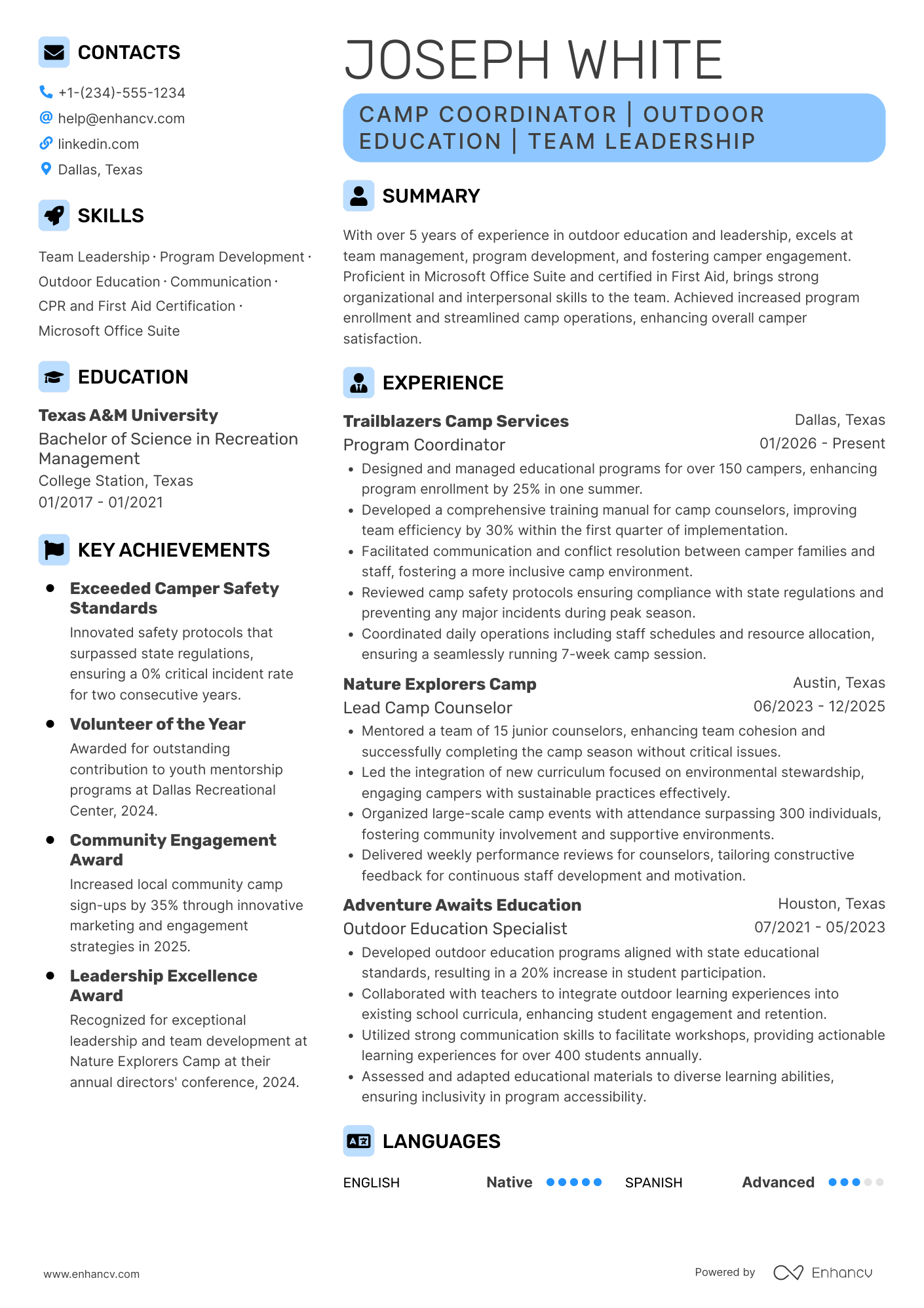 A resume example of a Camp Counselor Coordinator