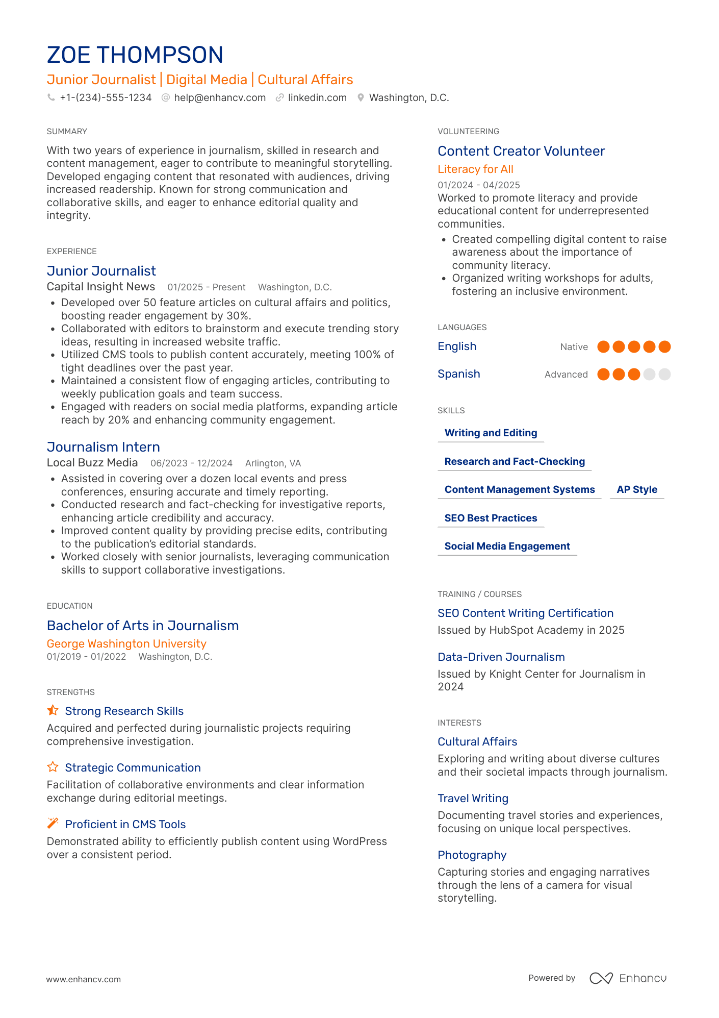 A resume example of a Junior Journalist