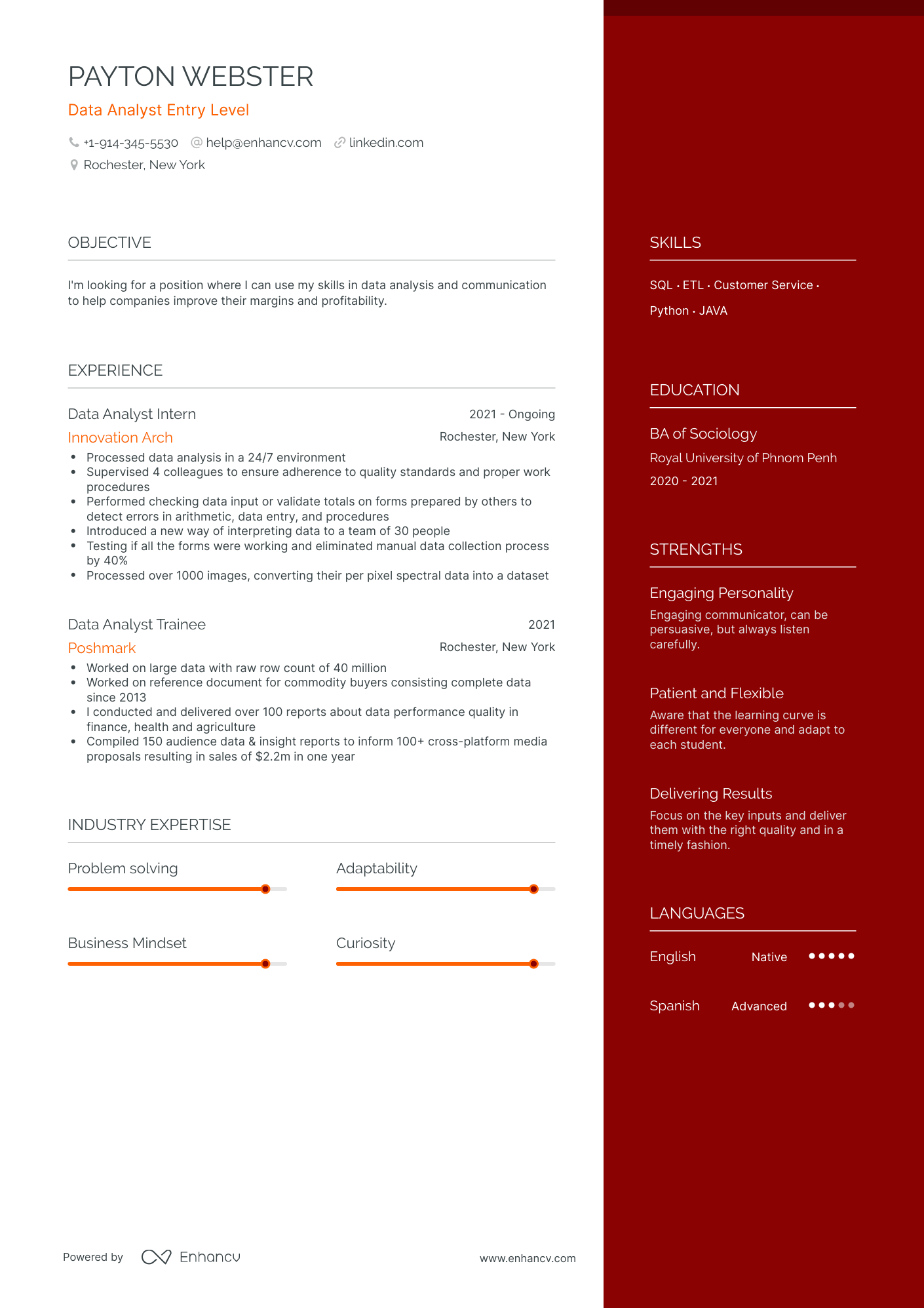 One Page Data Analyst Entry Level Resume Template
