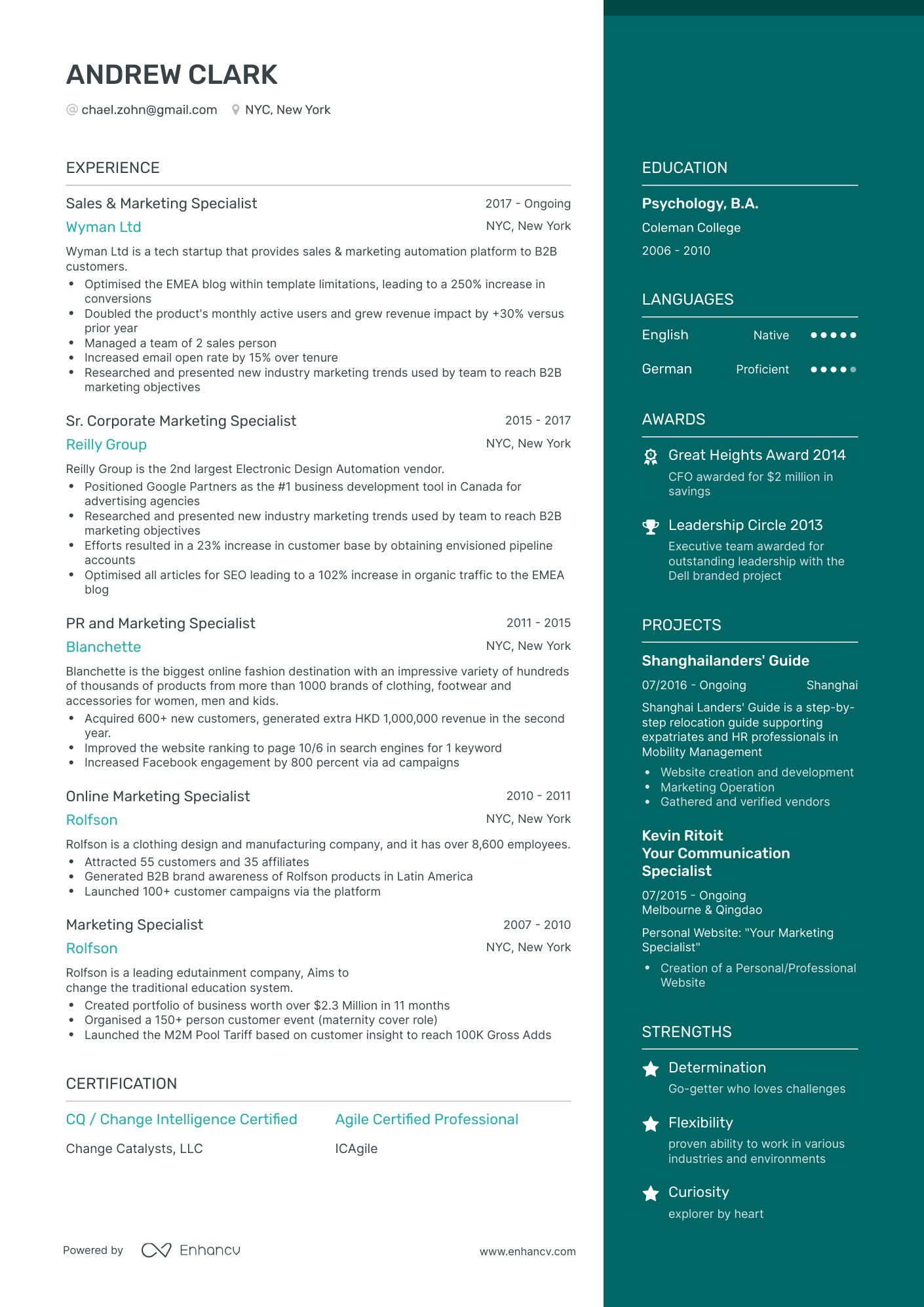 One Page Marketing Specialist Resume Template