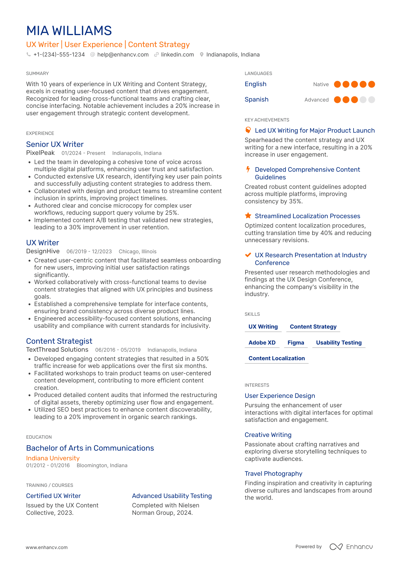 A resume example of a UX Writer