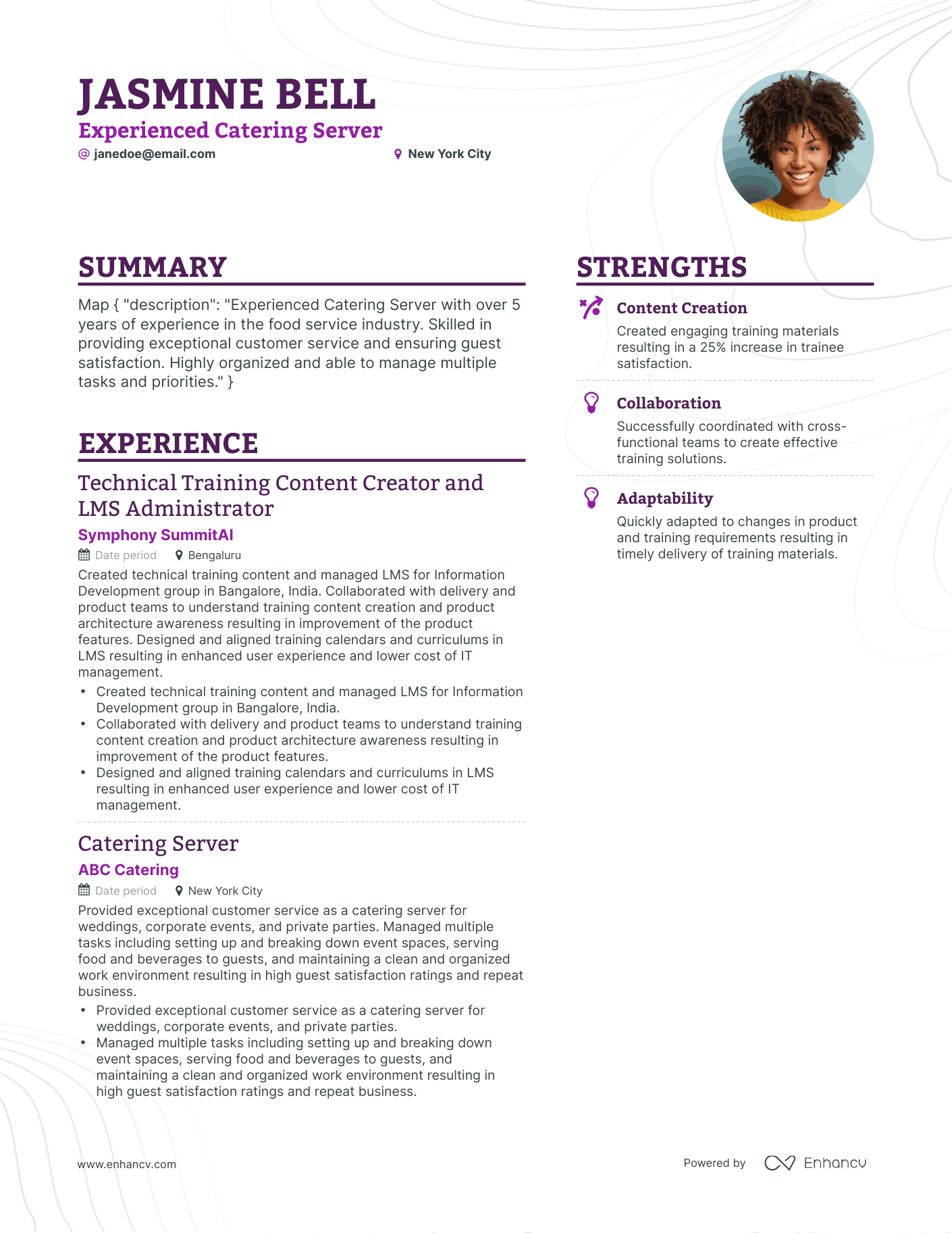 Simple Catering Server Resume Template