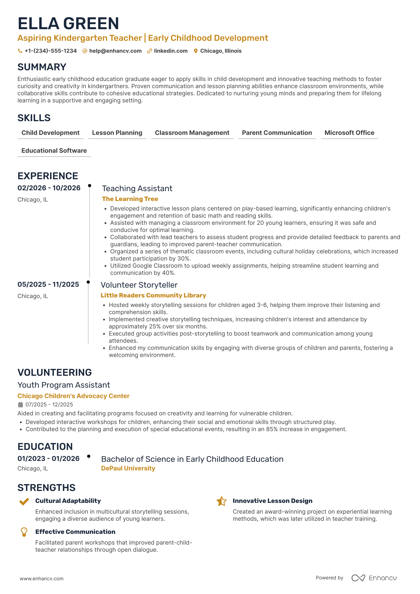 A resume example of a Kindergarten Teacher Intern