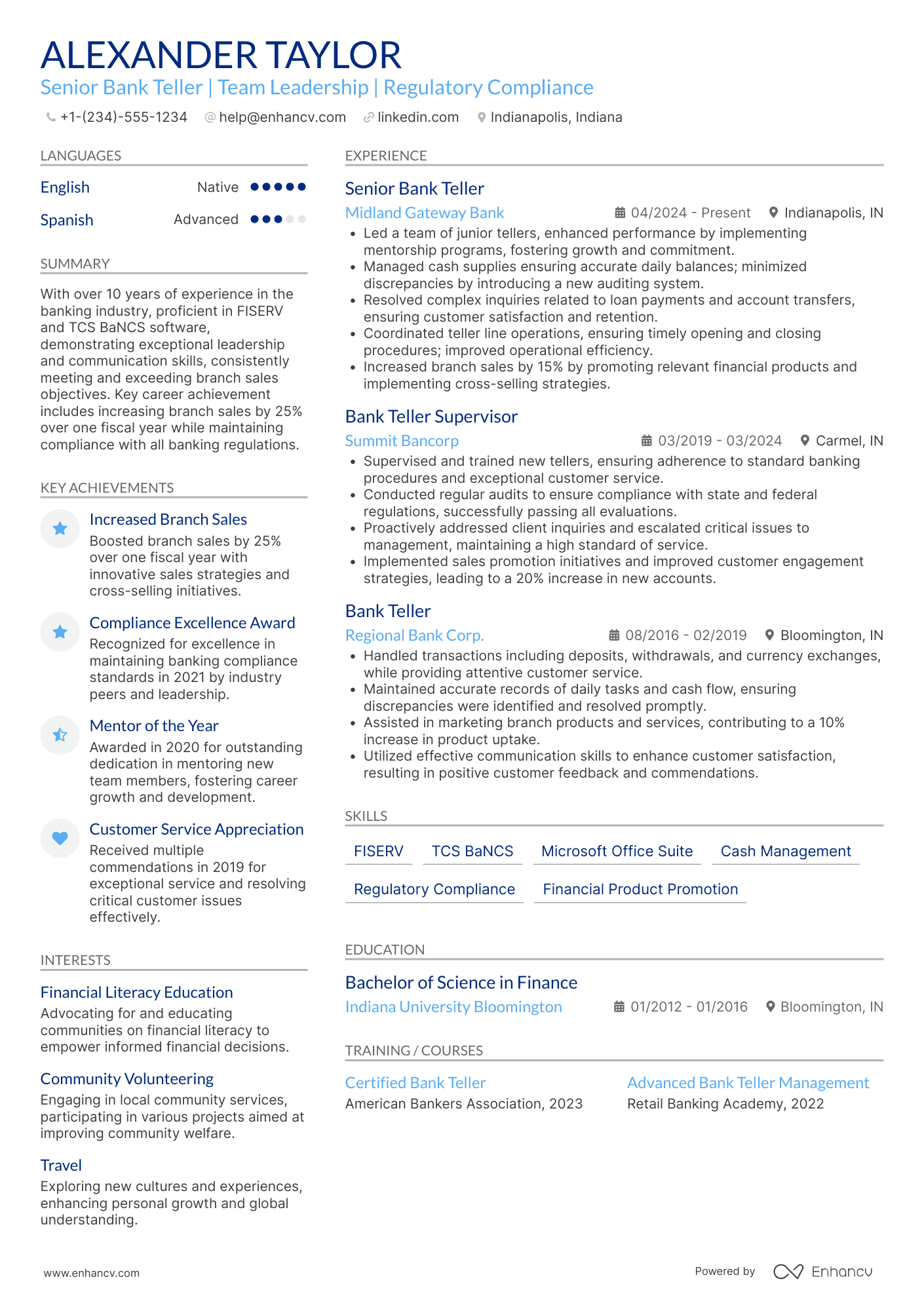 A resume example of a Senior Bank Teller