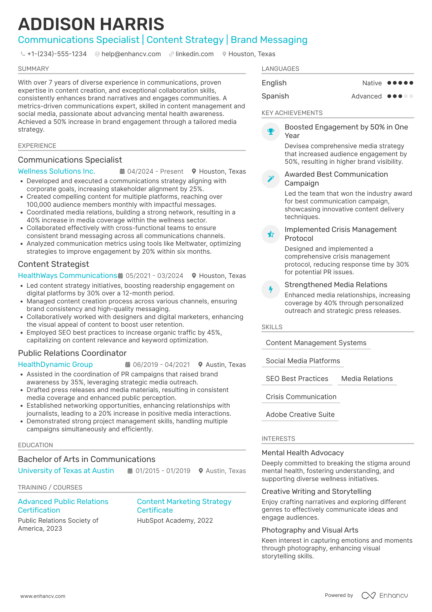 A resume example of a Communications Specialist