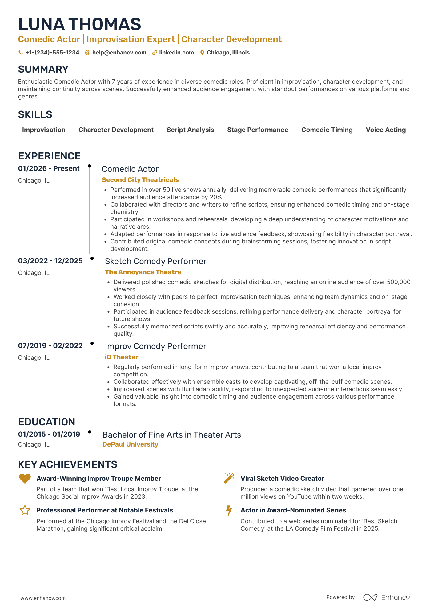 A resume example of a Comedic Actor