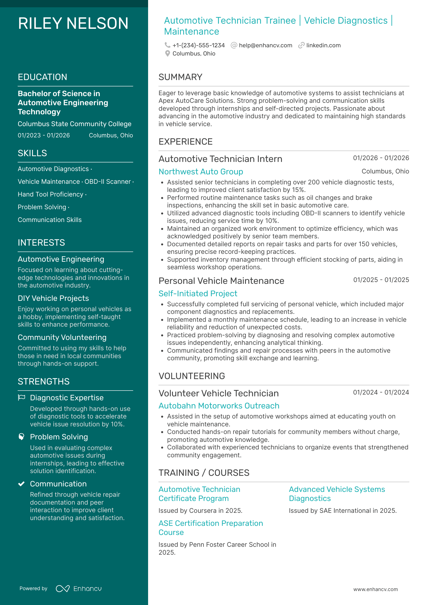 A resume example of a Automotive Technician Trainee