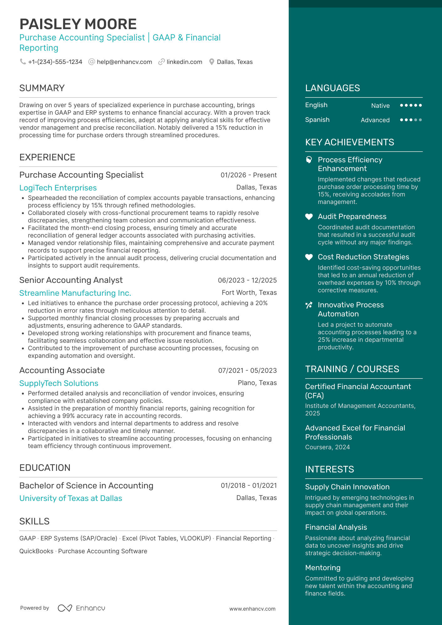 A resume example of a Purchase Accounting