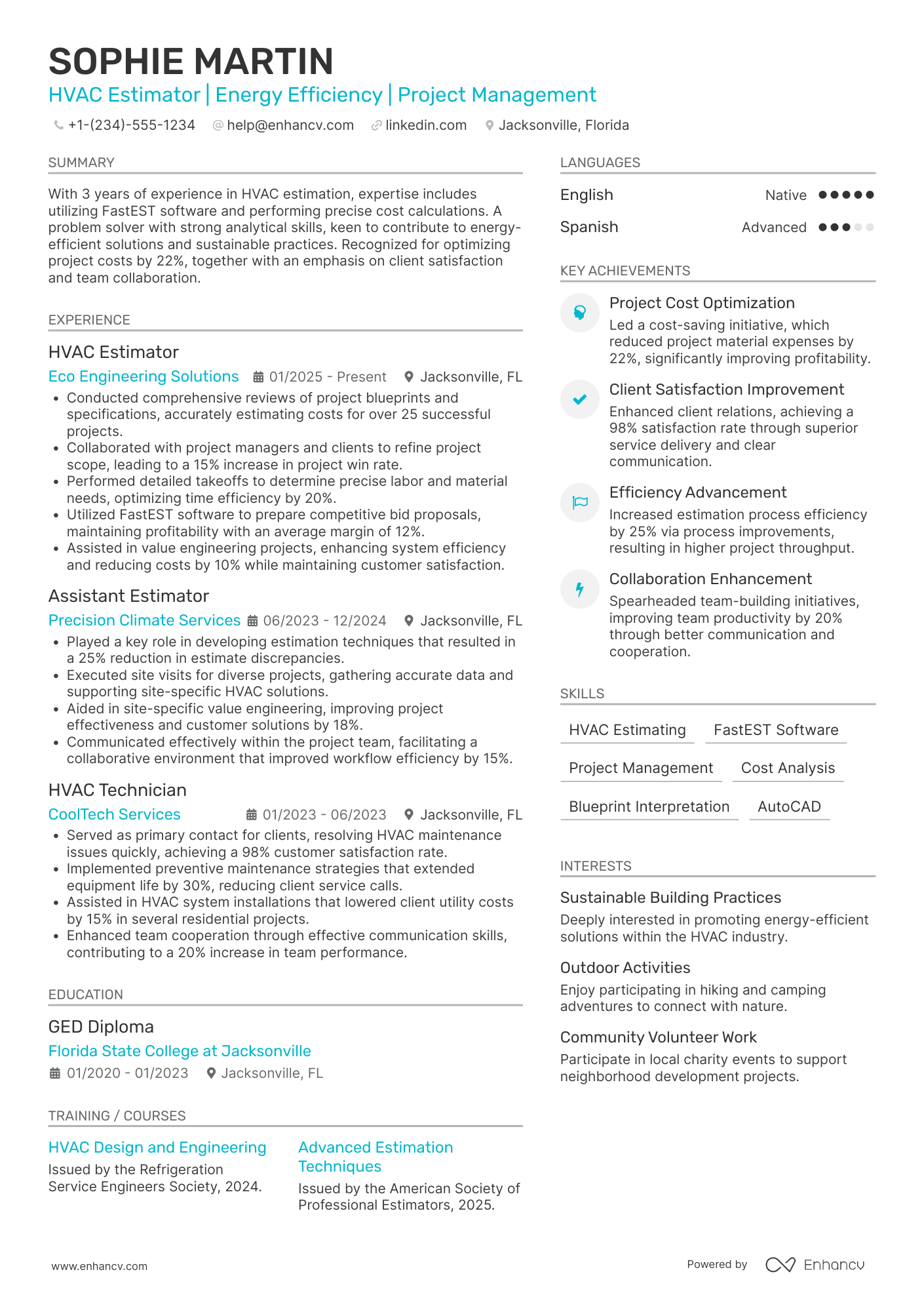 A resume example of a HVAC Estimator