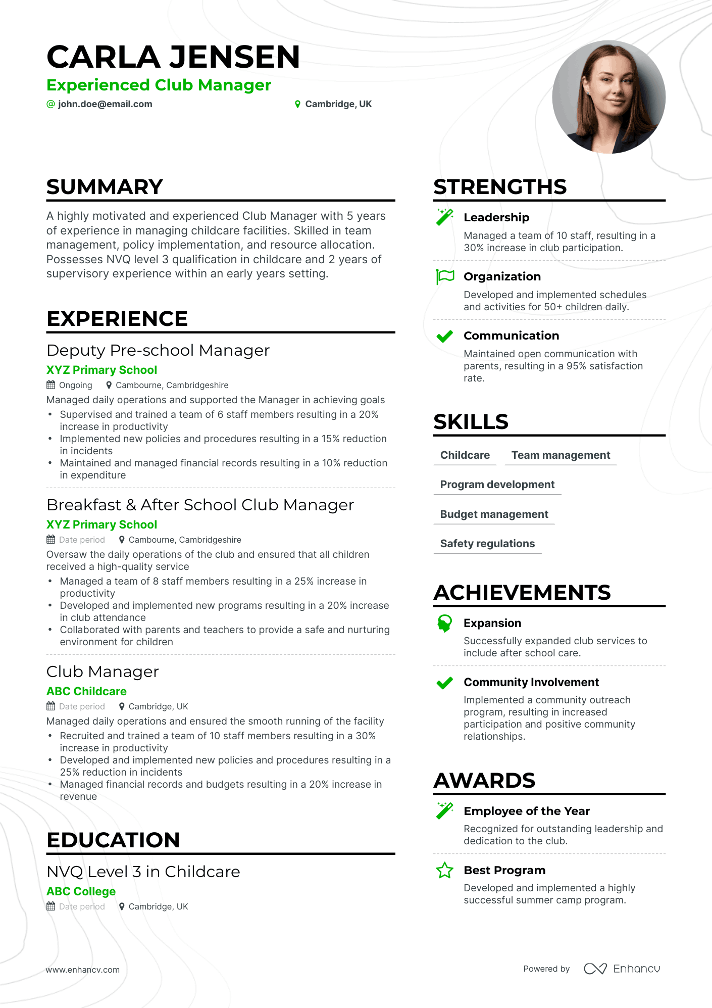 Simple Club Manager Resume Template