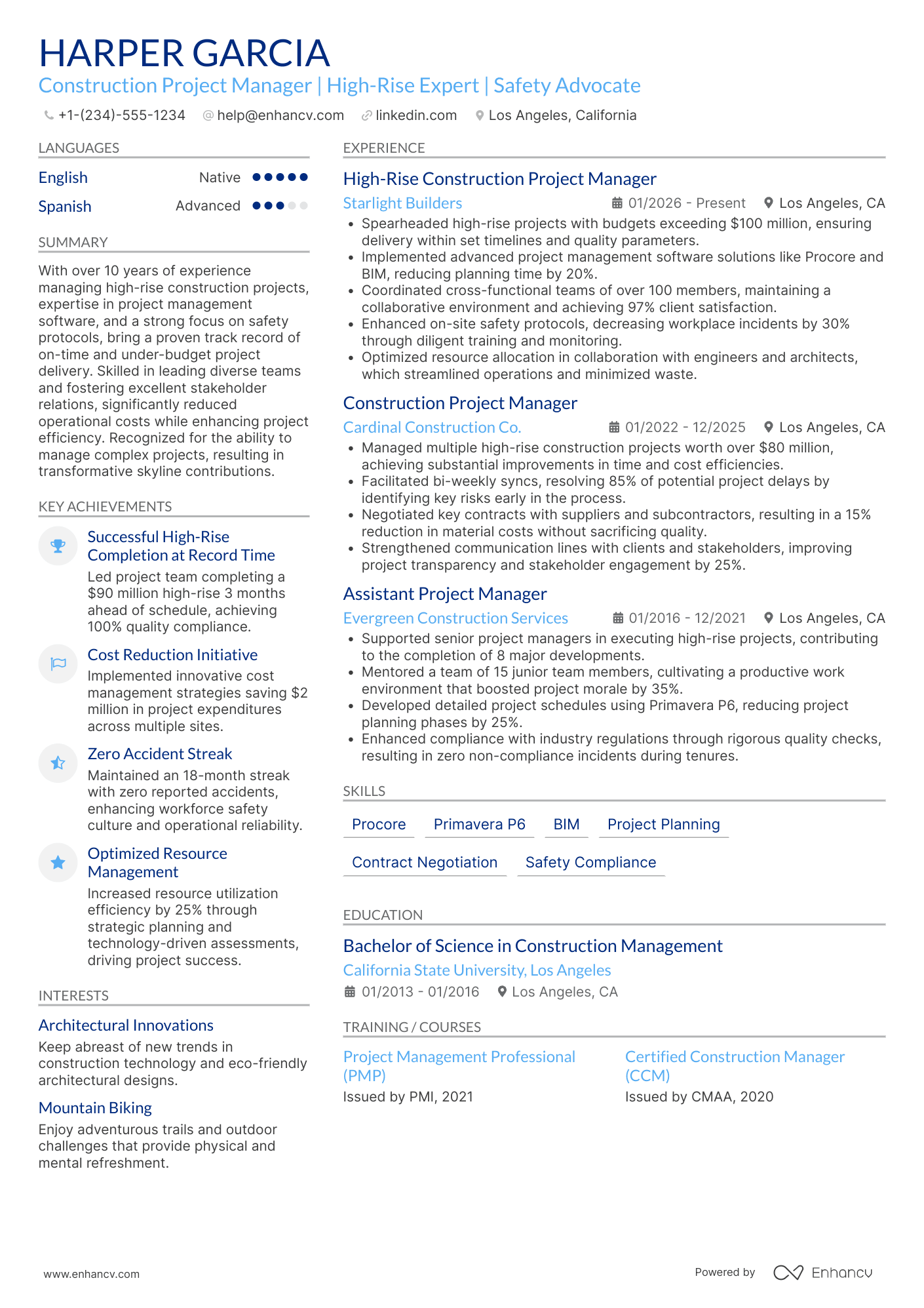 A resume example of a High Rise Construction Project Manager