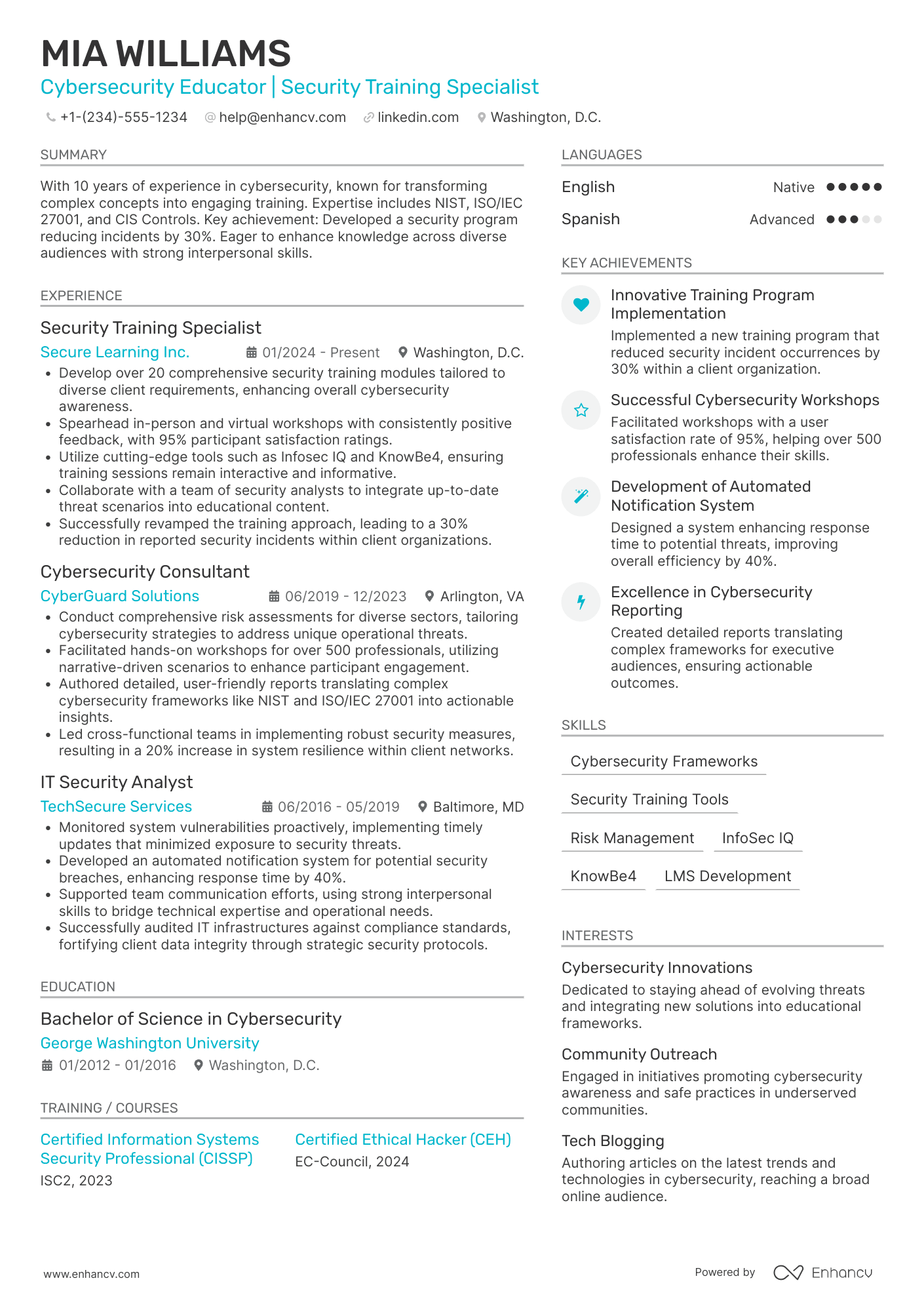 A resume example of a Security Training Officer