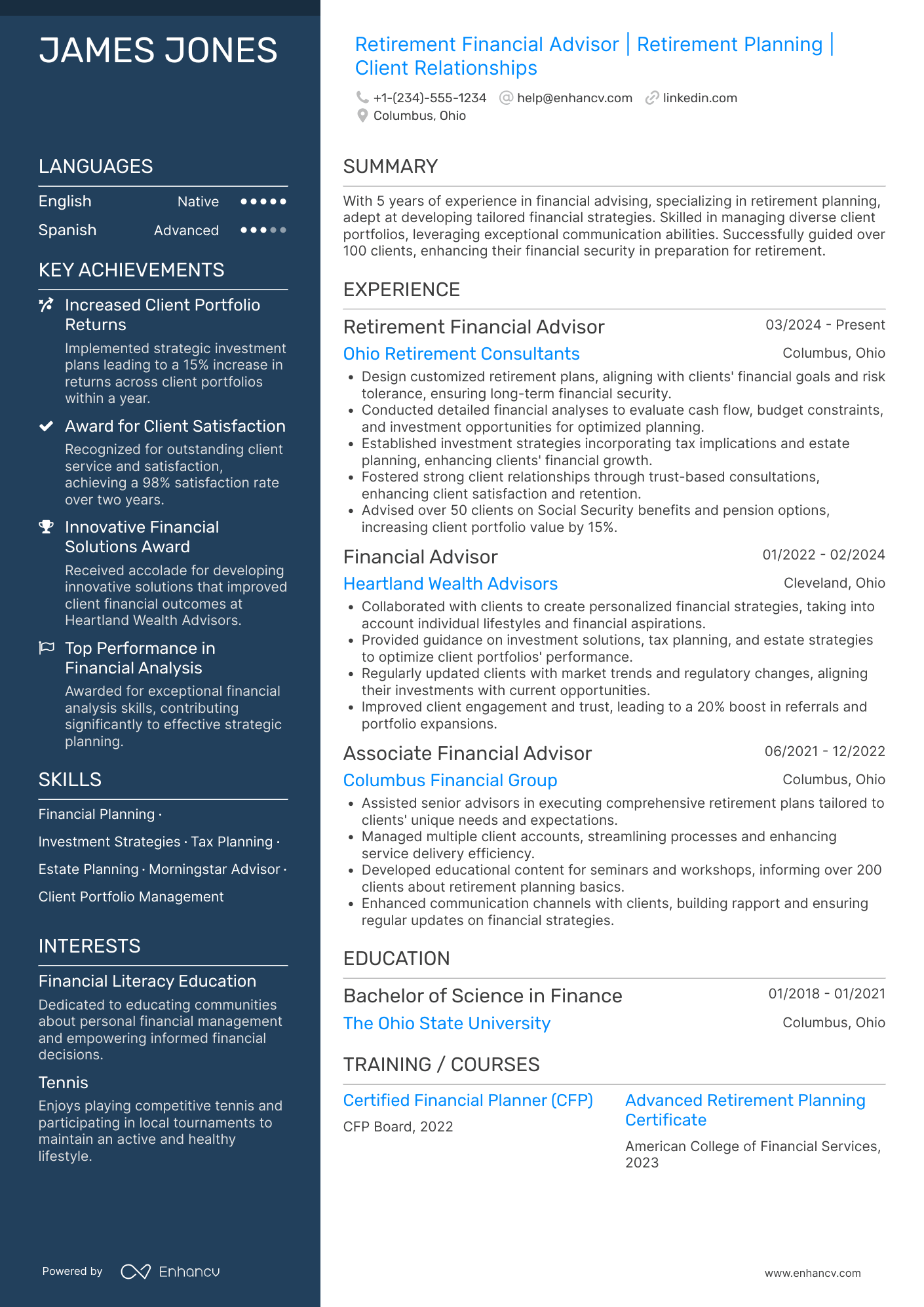 A resume example of a Retirement Financial Advisor