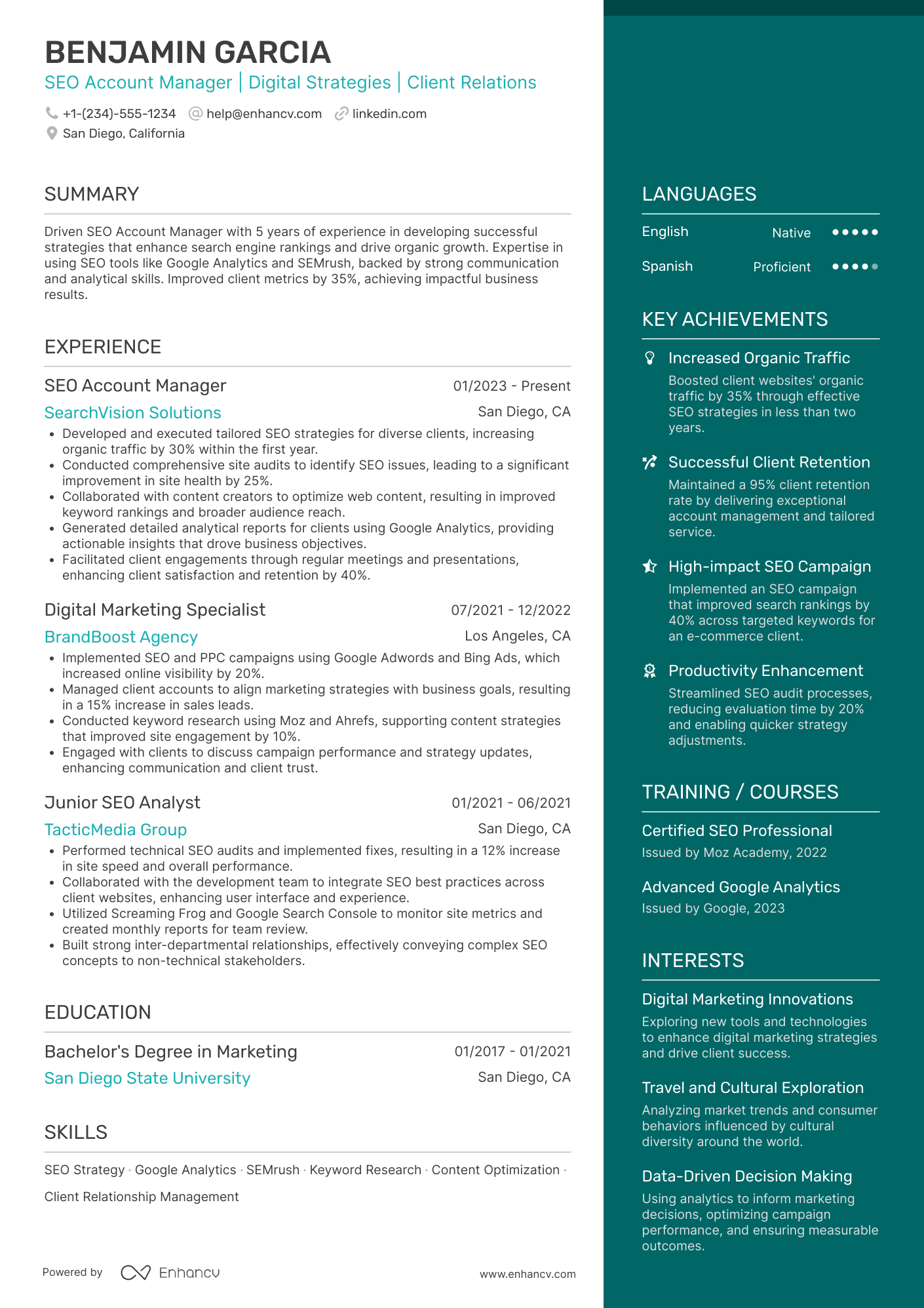 A resume example of a SEO Account Manager