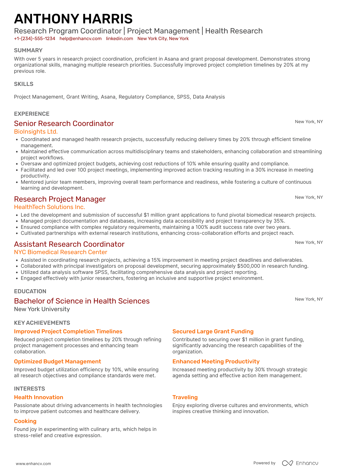 A resume example of a Research Program Coordinator