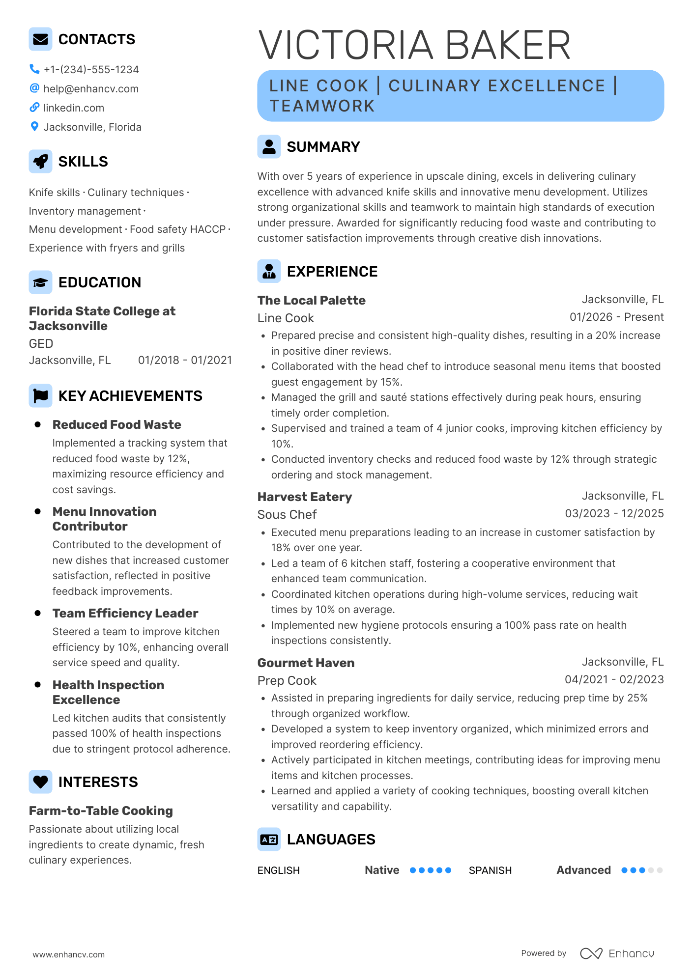 A resume example of a Experienced Line Cook